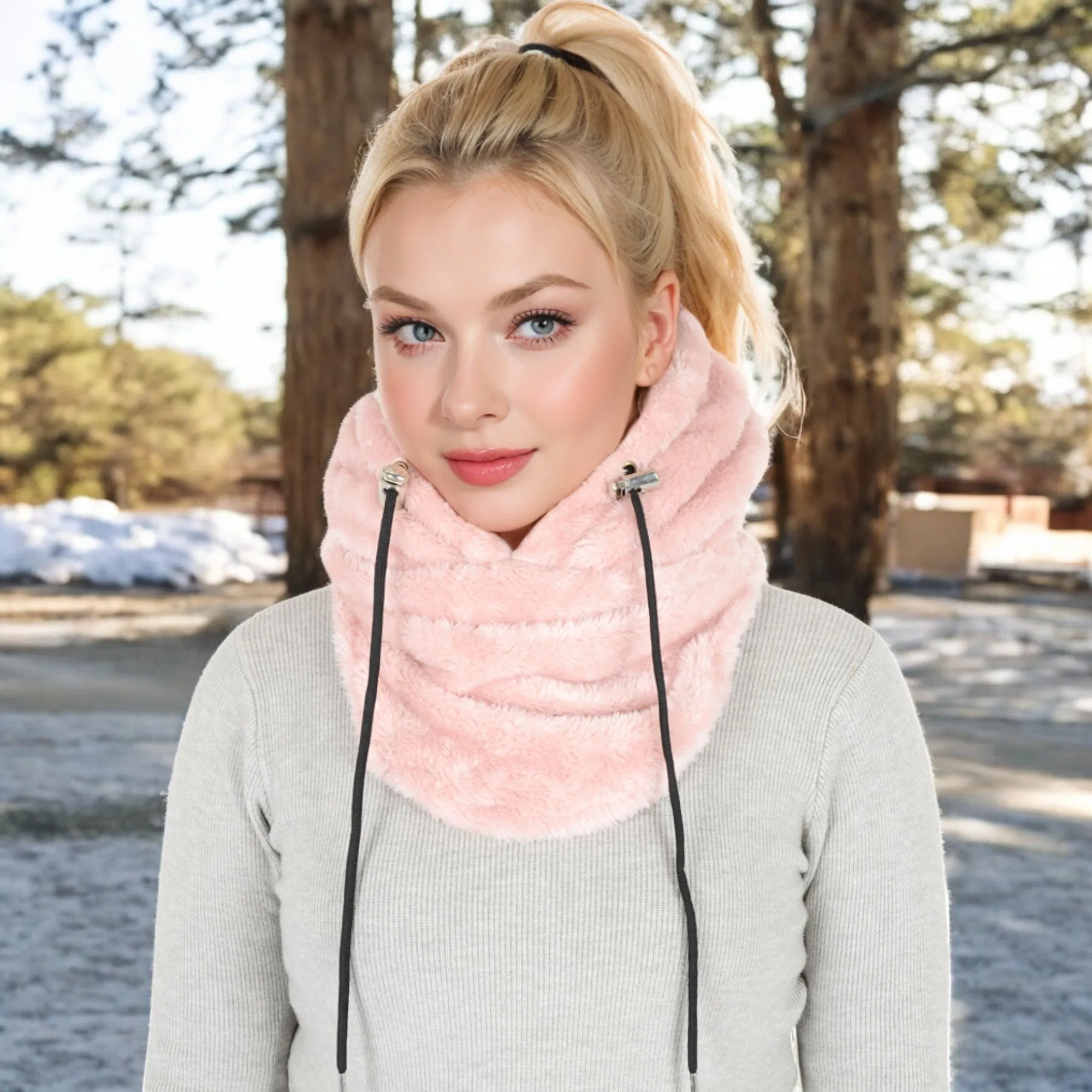 Anna-Kaci Women's Faux Shearling Hooded Scarf with Adjustable Drawstrings and Extended Neck Coverage