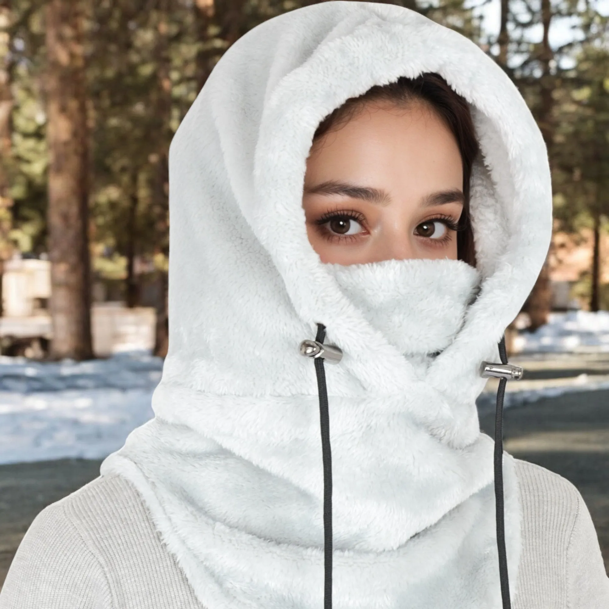 Anna-Kaci Women's Faux Shearling Hooded Scarf with Adjustable Drawstrings and Extended Neck Coverage