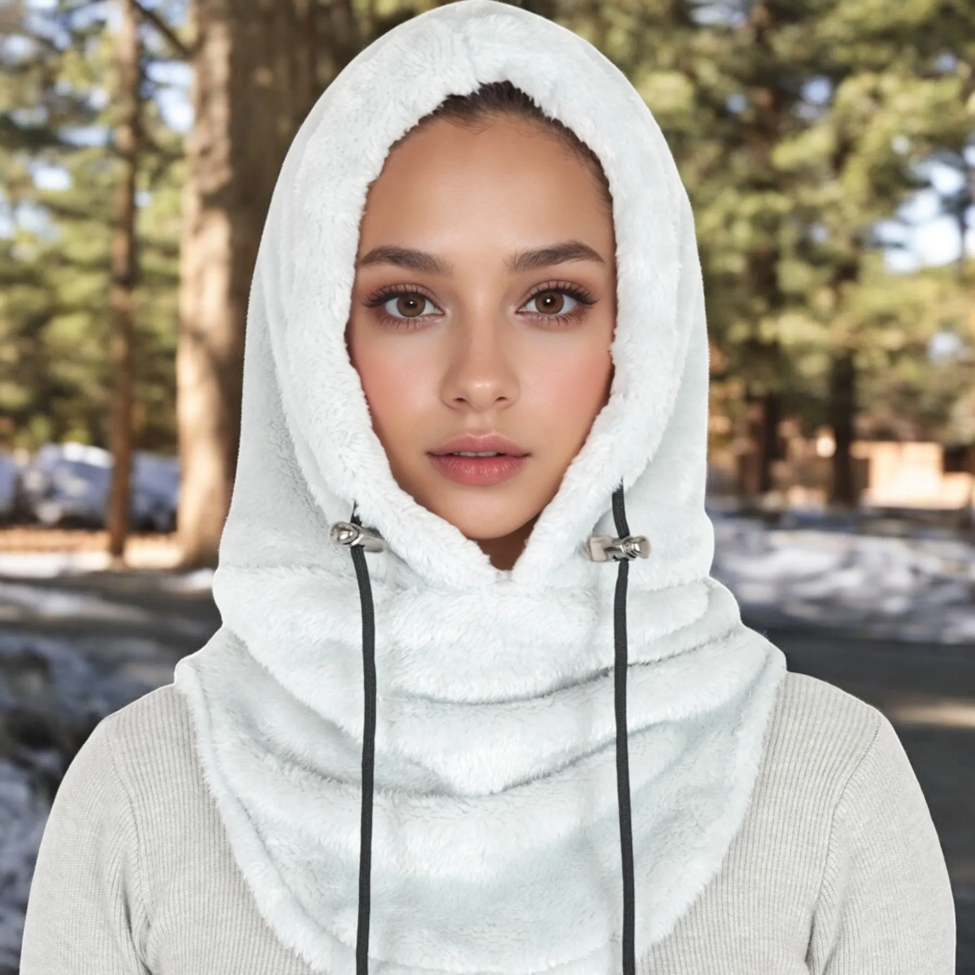 Anna-Kaci Women's Faux Shearling Hooded Scarf with Adjustable Drawstrings and Extended Neck Coverage