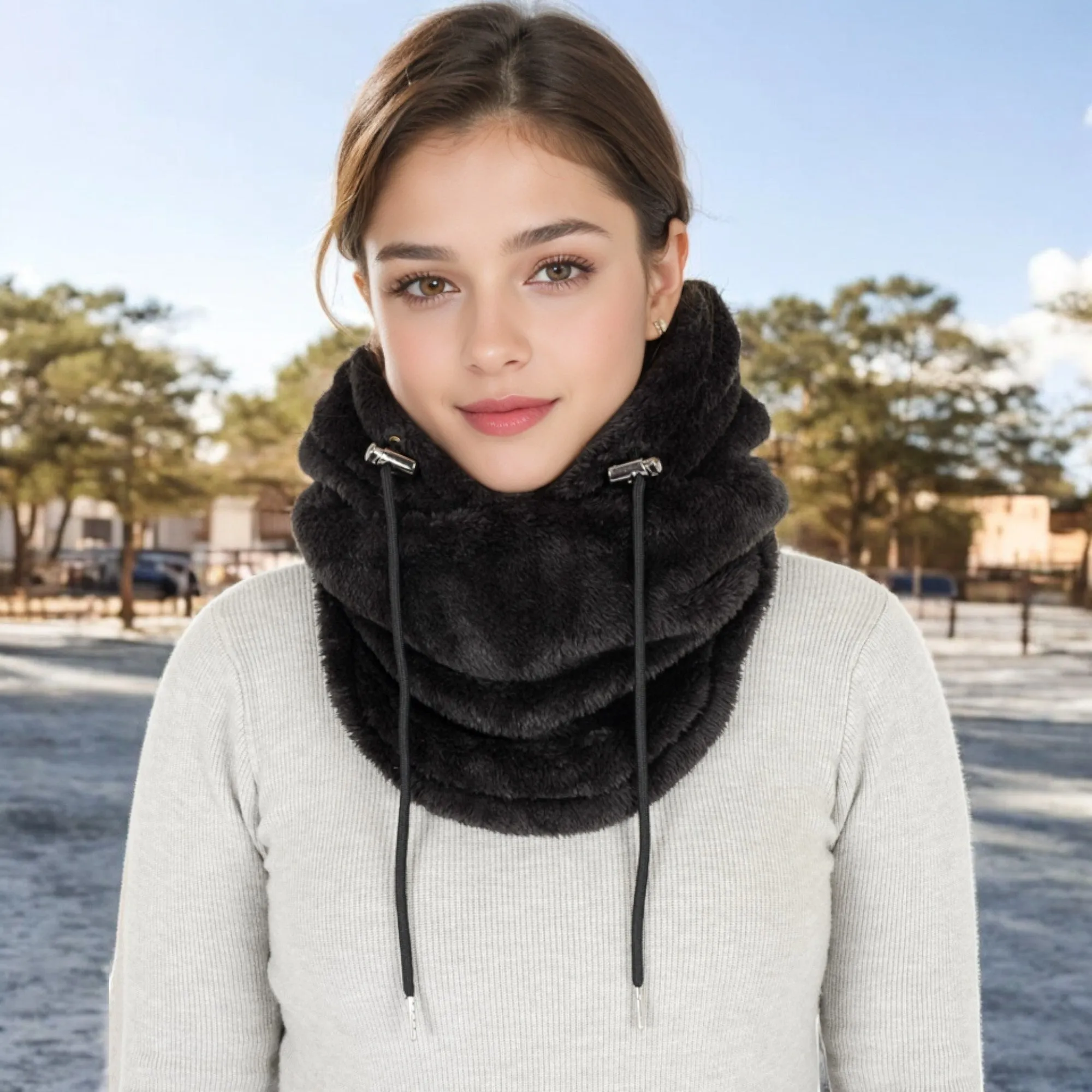 Anna-Kaci Women's Faux Shearling Hooded Scarf with Adjustable Drawstrings and Extended Neck Coverage