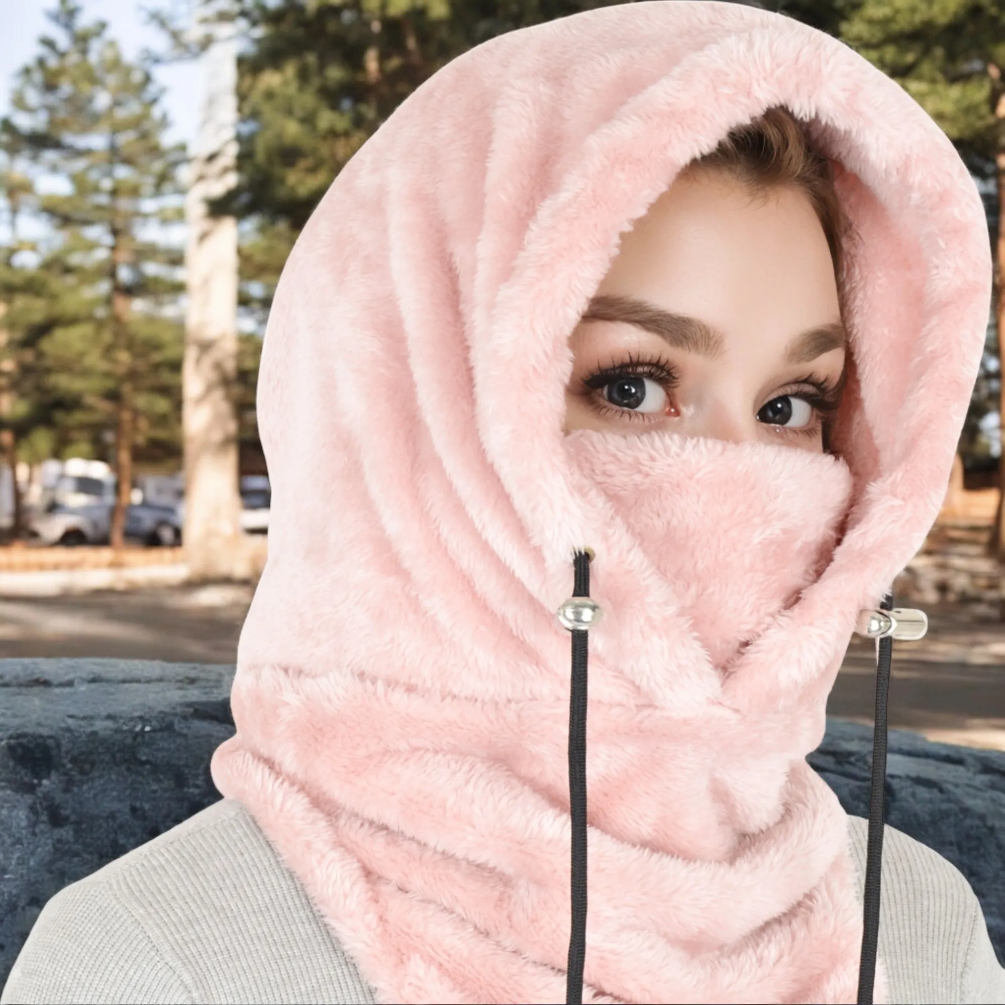Anna-Kaci Women's Faux Shearling Hooded Scarf with Adjustable Drawstrings and Extended Neck Coverage
