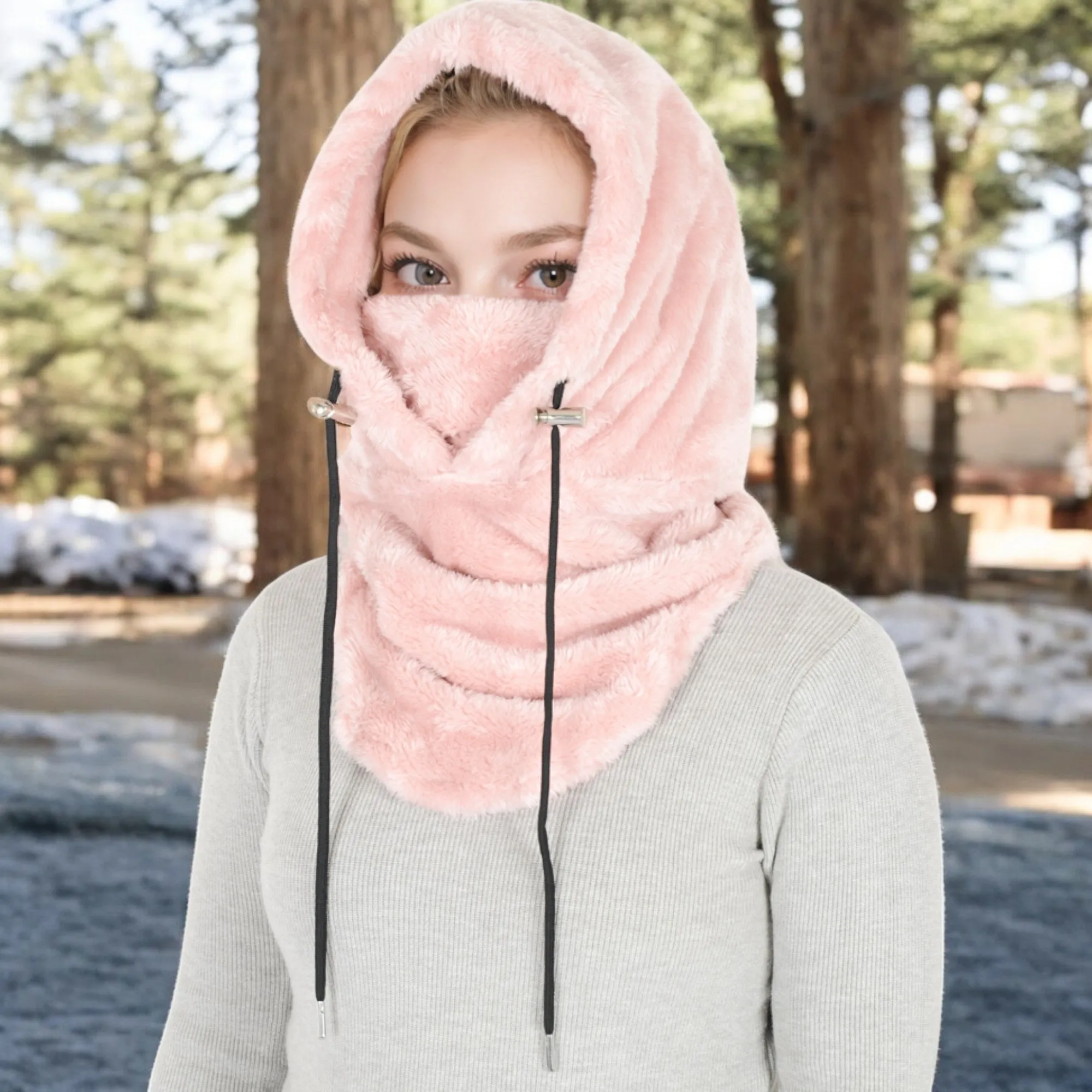 Anna-Kaci Women's Faux Shearling Hooded Scarf with Adjustable Drawstrings and Extended Neck Coverage