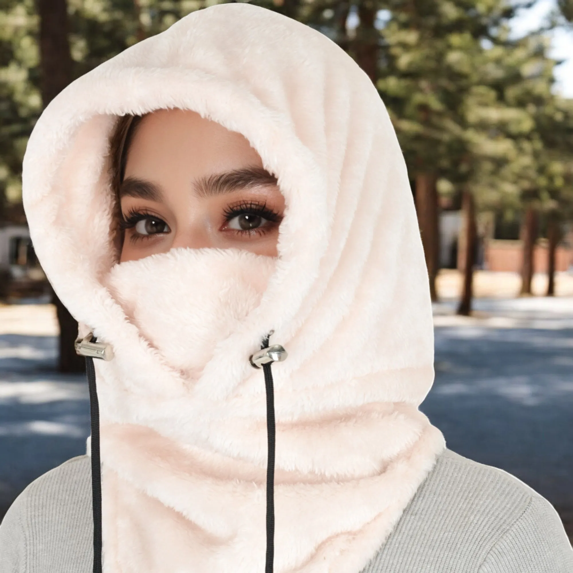 Anna-Kaci Women's Faux Shearling Hooded Scarf with Adjustable Drawstrings and Extended Neck Coverage