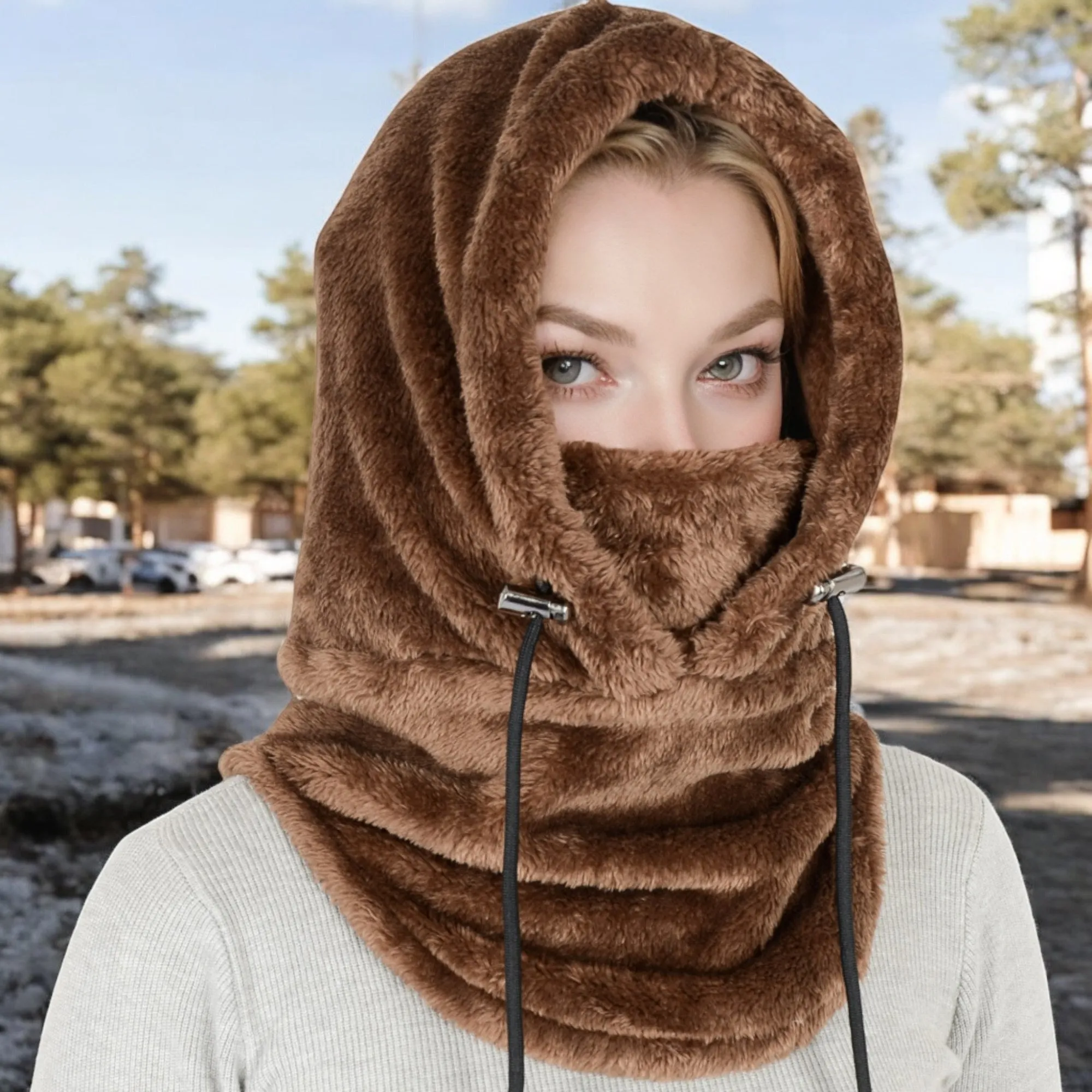 Anna-Kaci Women's Faux Shearling Hooded Scarf with Adjustable Drawstrings and Extended Neck Coverage