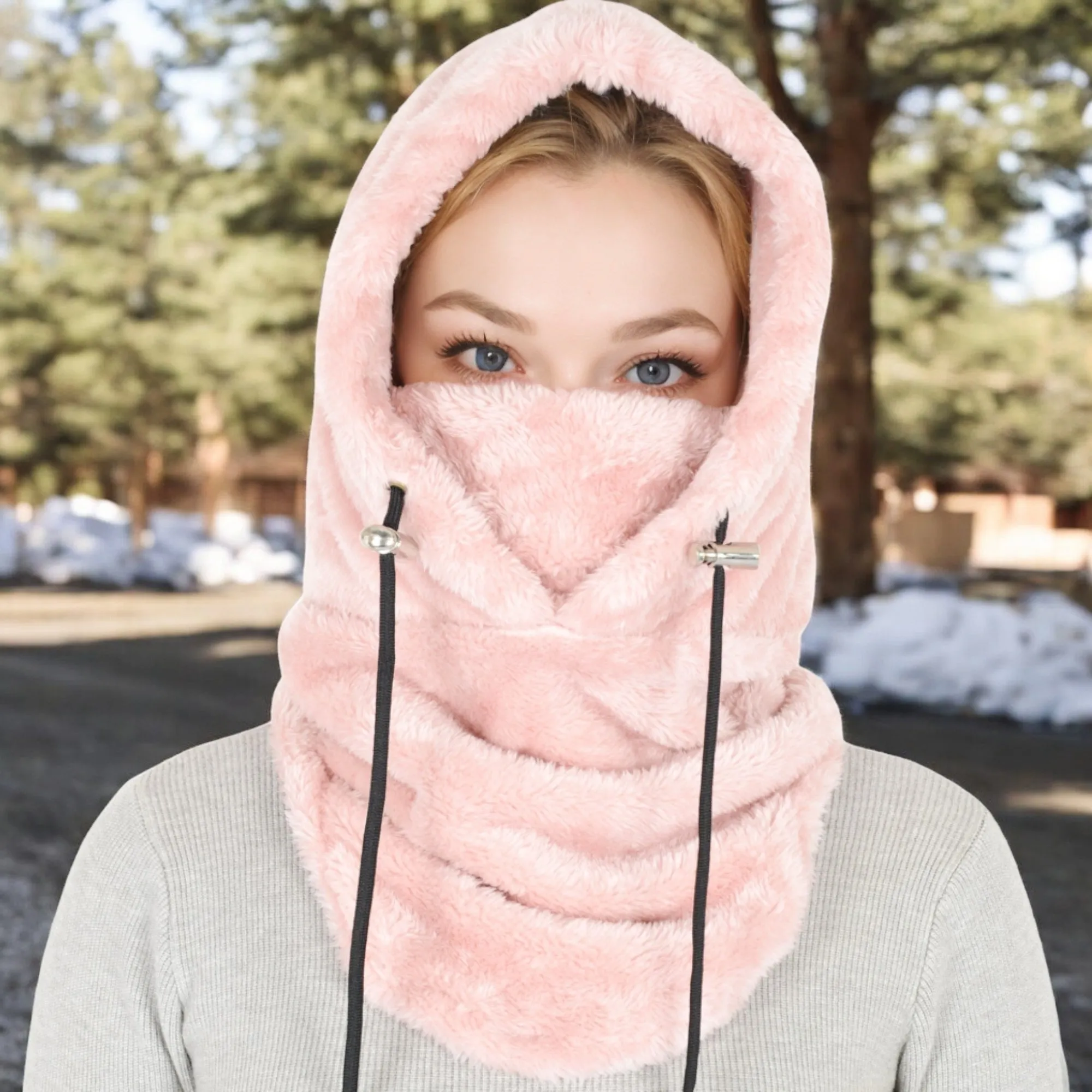 Anna-Kaci Women's Faux Shearling Hooded Scarf with Adjustable Drawstrings and Extended Neck Coverage