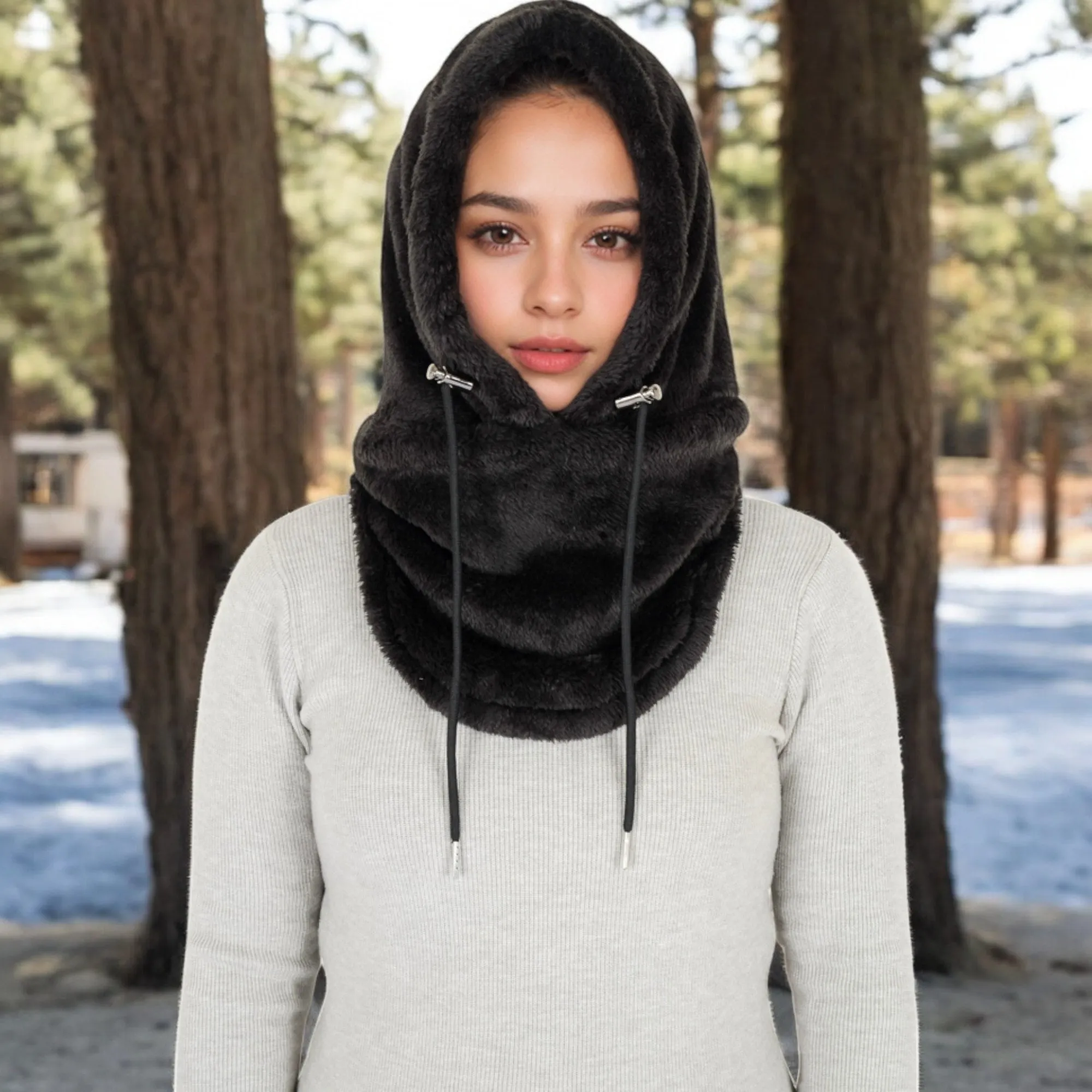 Anna-Kaci Women's Faux Shearling Hooded Scarf with Adjustable Drawstrings and Extended Neck Coverage