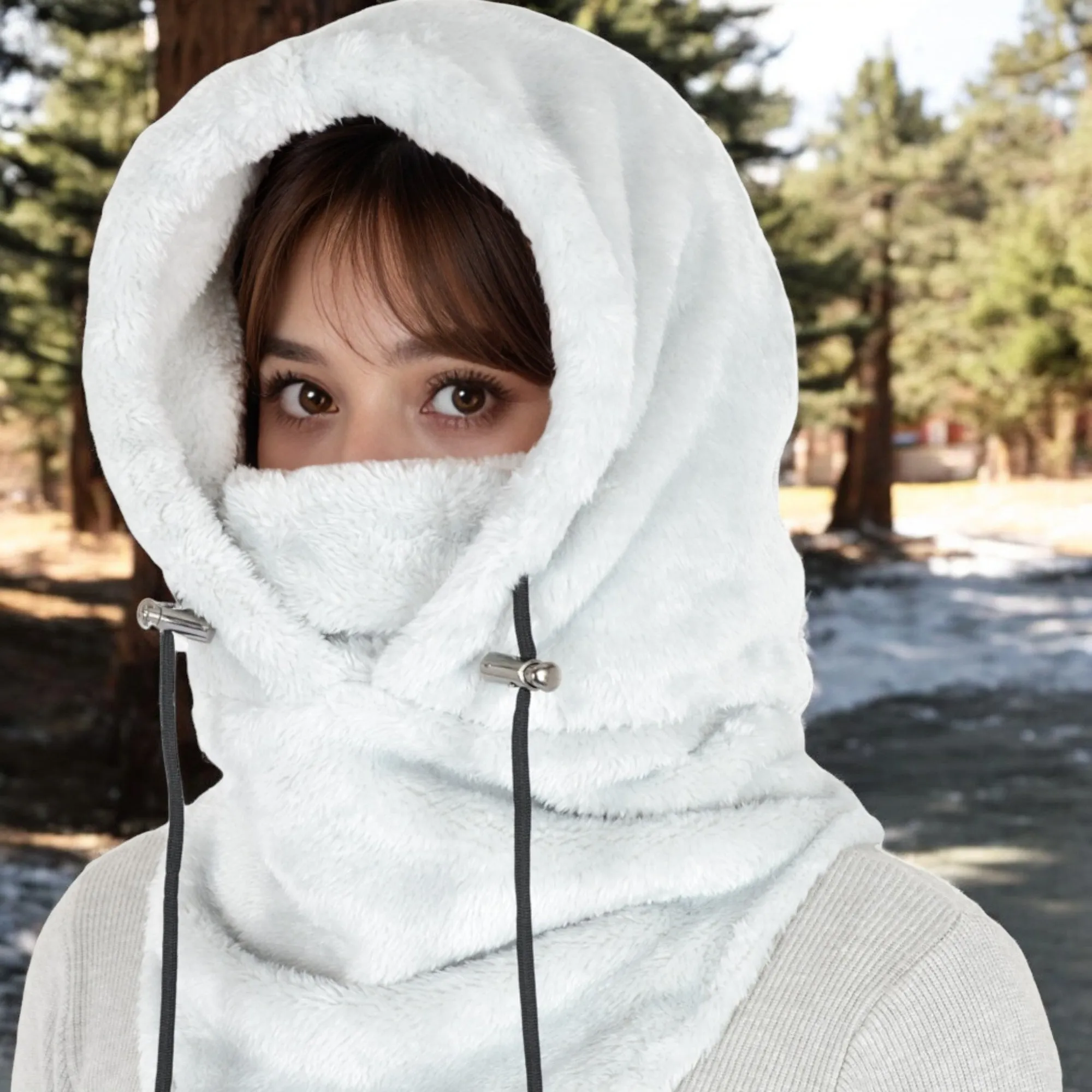 Anna-Kaci Women's Faux Shearling Hooded Scarf with Adjustable Drawstrings and Extended Neck Coverage