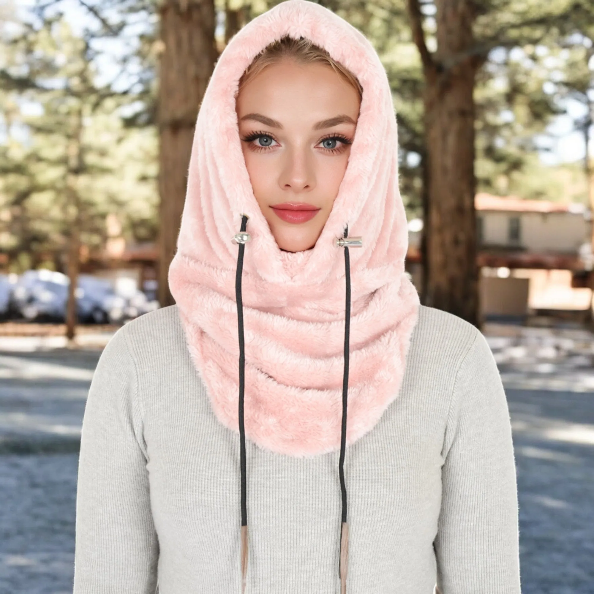 Anna-Kaci Women's Faux Shearling Hooded Scarf with Adjustable Drawstrings and Extended Neck Coverage