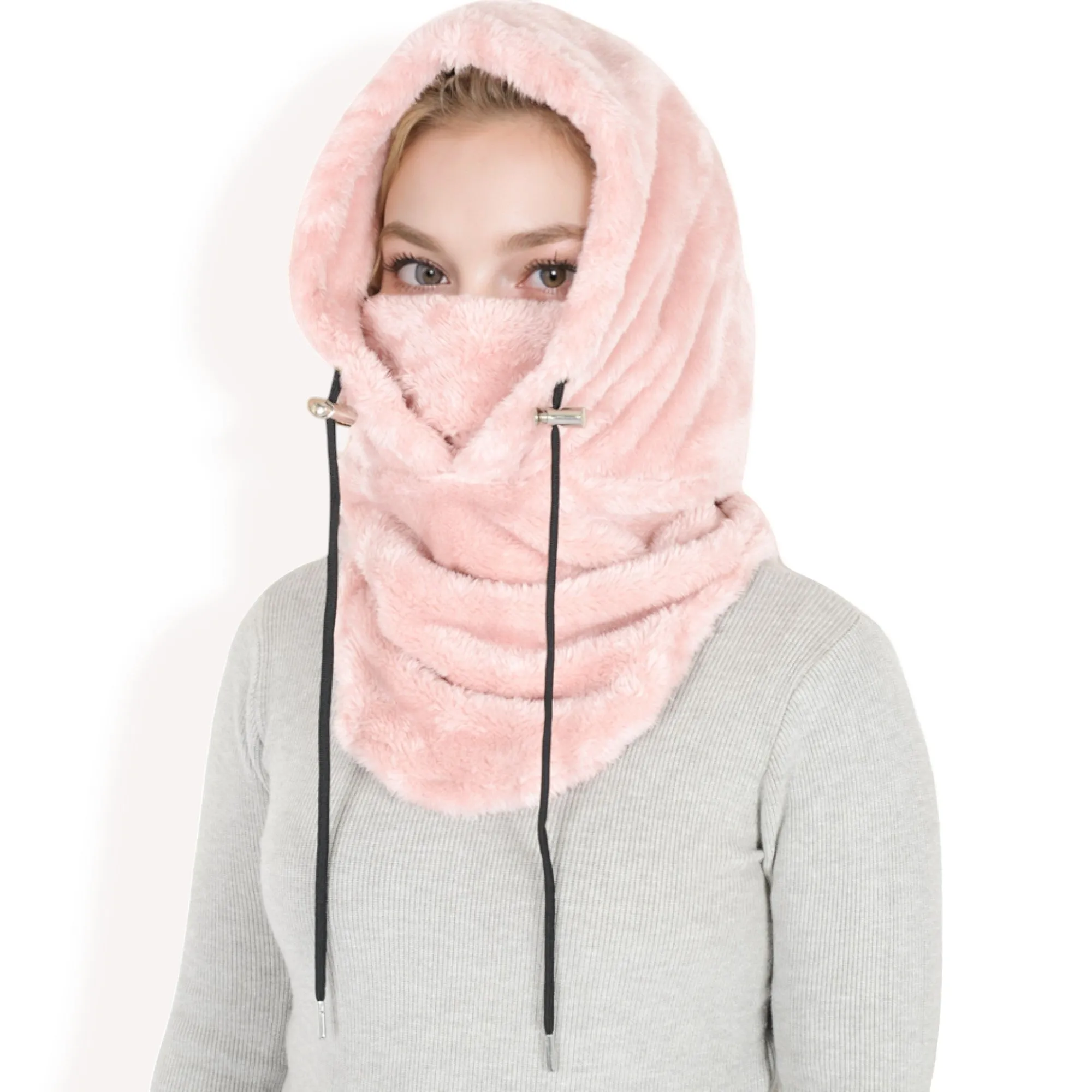 Anna-Kaci Women's Faux Shearling Hooded Scarf with Adjustable Drawstrings and Extended Neck Coverage