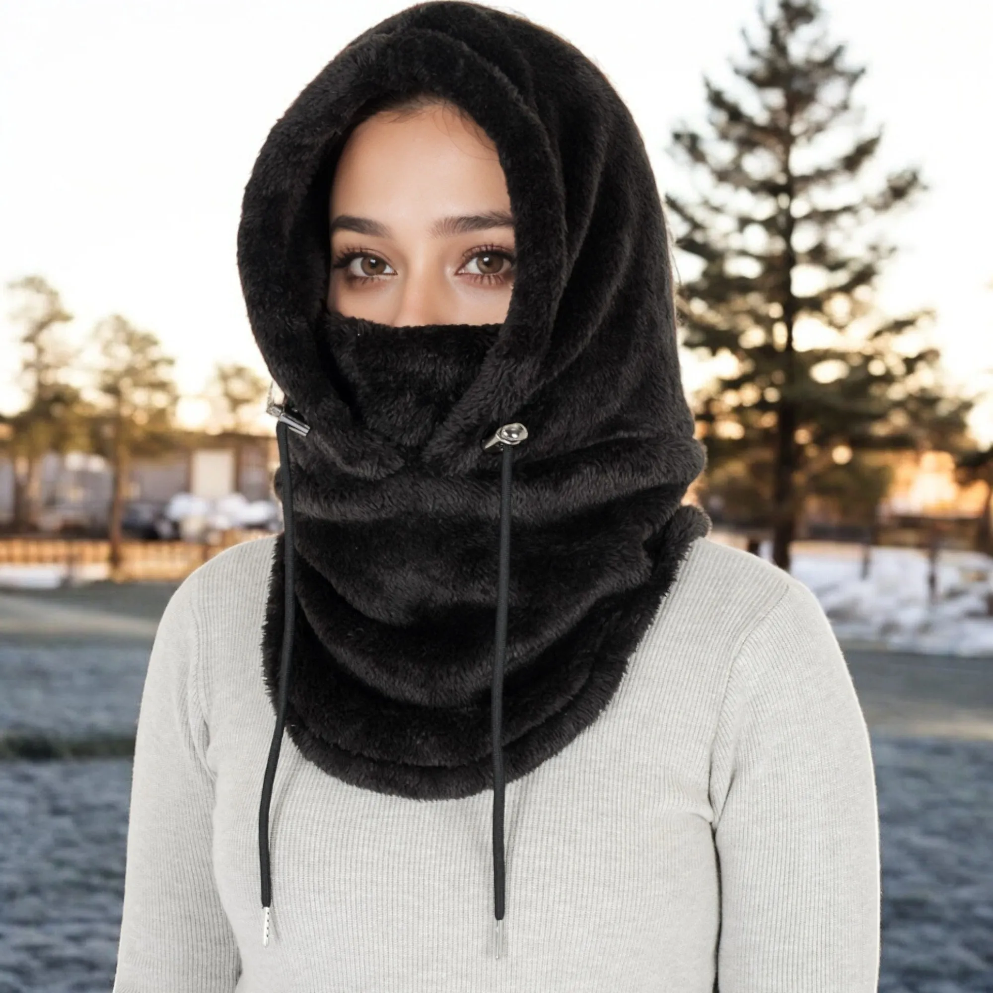 Anna-Kaci Women's Faux Shearling Hooded Scarf with Adjustable Drawstrings and Extended Neck Coverage