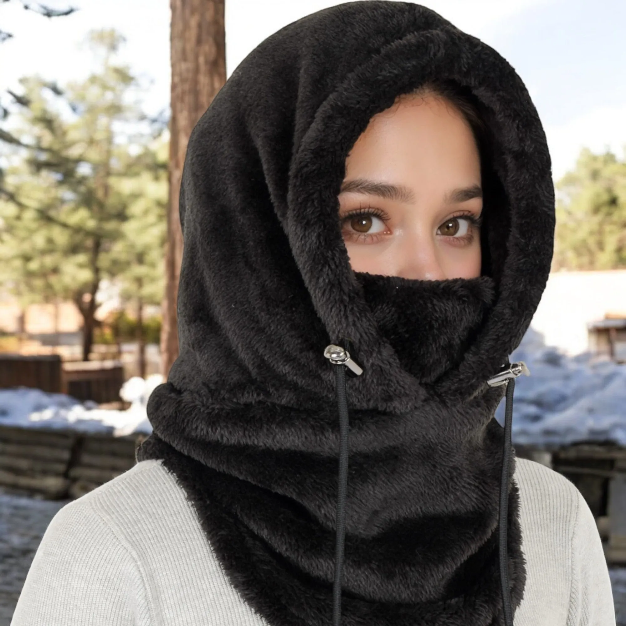 Anna-Kaci Women's Faux Shearling Hooded Scarf with Adjustable Drawstrings and Extended Neck Coverage