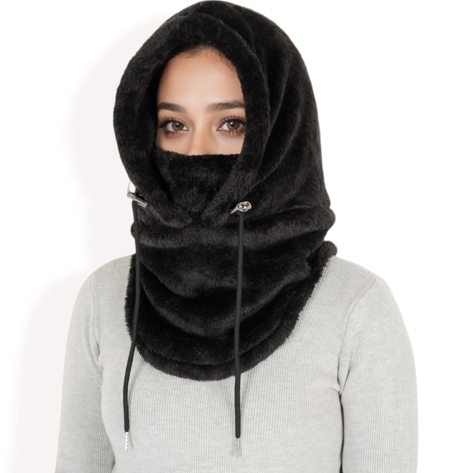 Anna-Kaci Women's Faux Shearling Hooded Scarf with Adjustable Drawstrings and Extended Neck Coverage