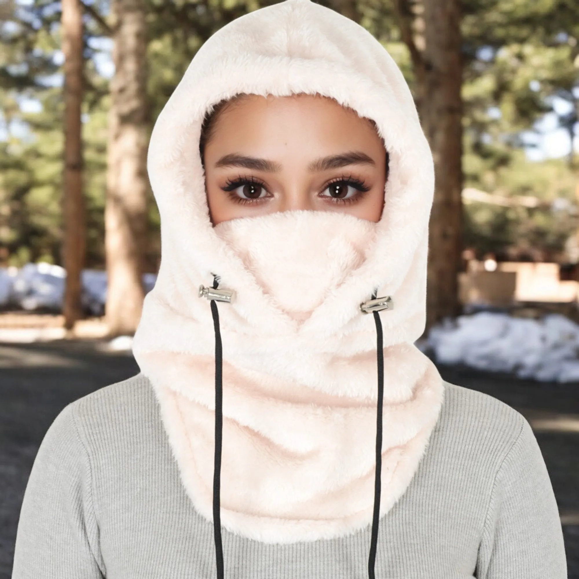 Anna-Kaci Women's Faux Shearling Hooded Scarf with Adjustable Drawstrings and Extended Neck Coverage