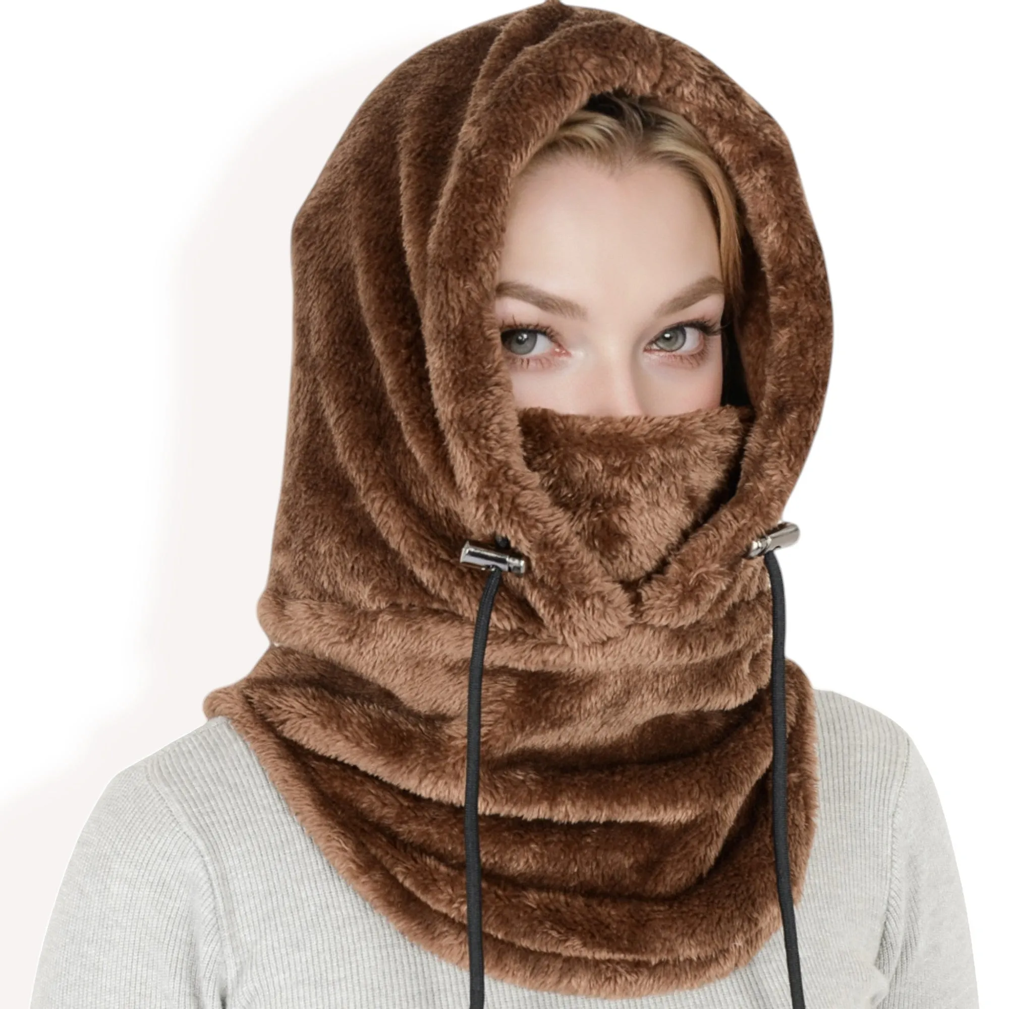 Anna-Kaci Women's Faux Shearling Hooded Scarf with Adjustable Drawstrings and Extended Neck Coverage