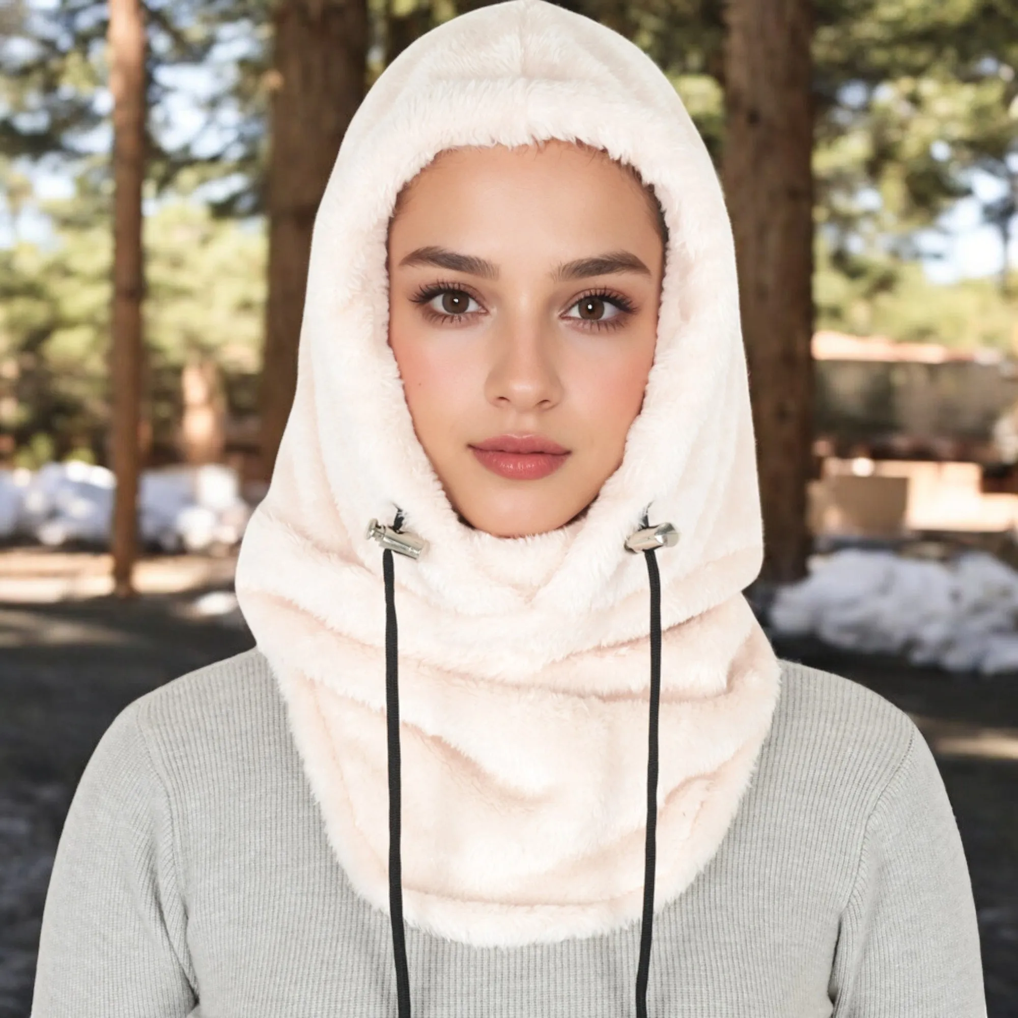 Anna-Kaci Women's Faux Shearling Hooded Scarf with Adjustable Drawstrings and Extended Neck Coverage