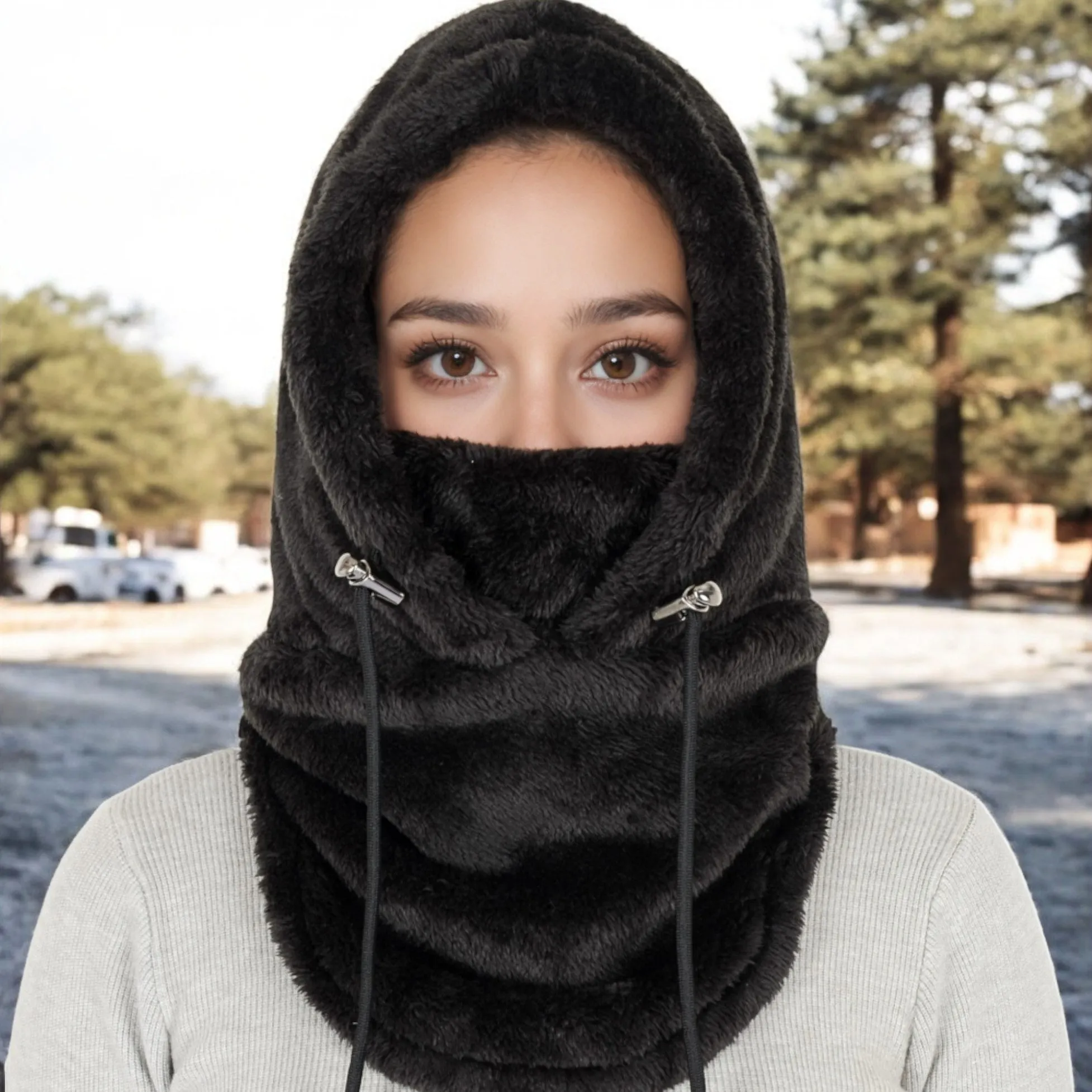 Anna-Kaci Women's Faux Shearling Hooded Scarf with Adjustable Drawstrings and Extended Neck Coverage