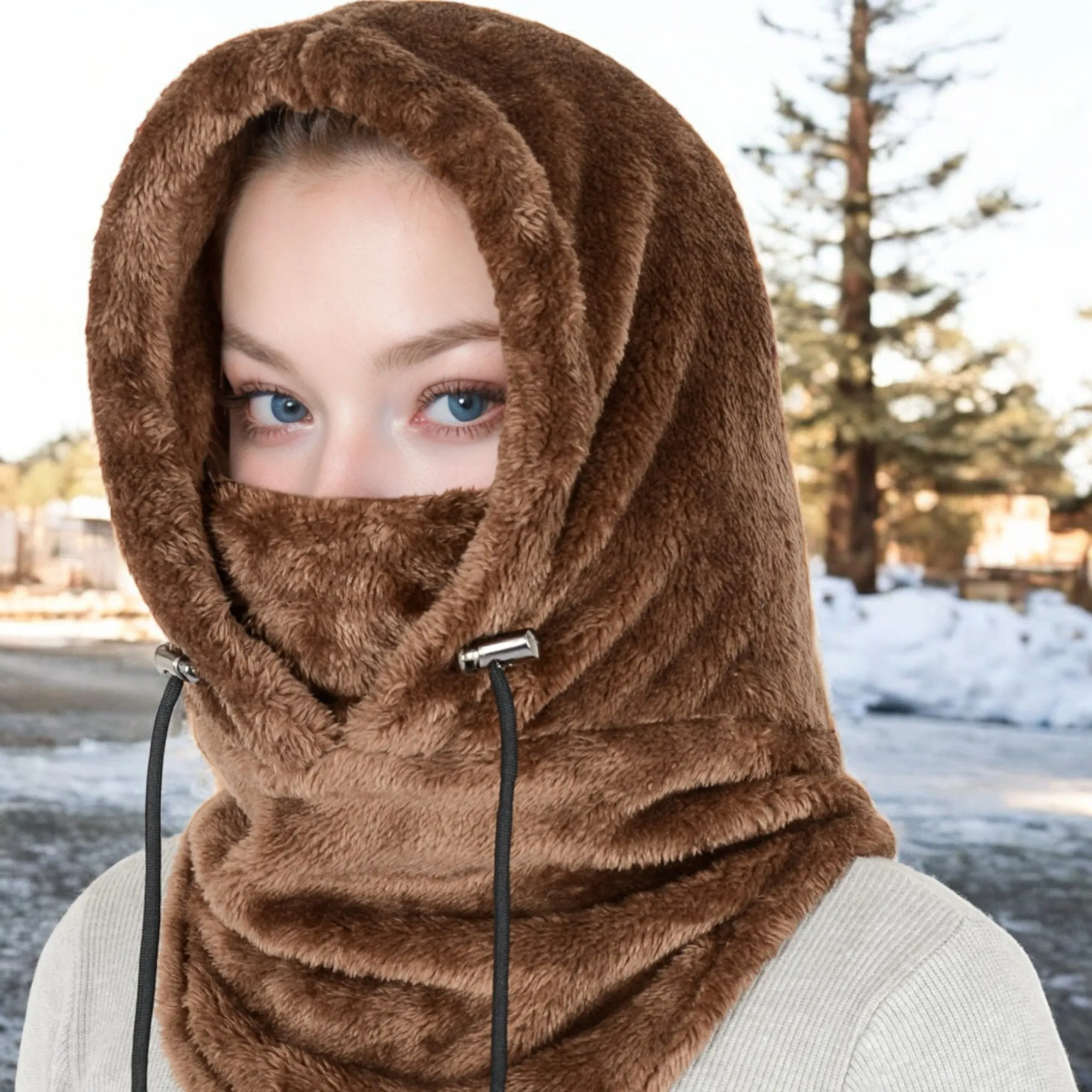 Anna-Kaci Women's Faux Shearling Hooded Scarf with Adjustable Drawstrings and Extended Neck Coverage