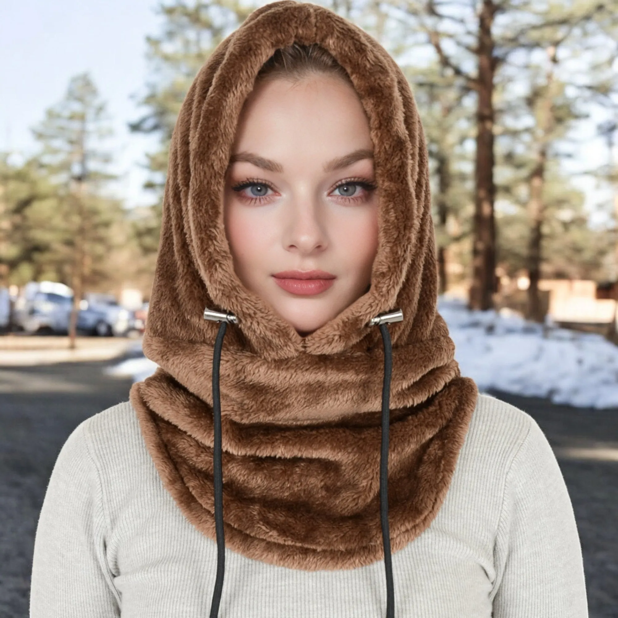 Anna-Kaci Women's Faux Shearling Hooded Scarf with Adjustable Drawstrings and Extended Neck Coverage