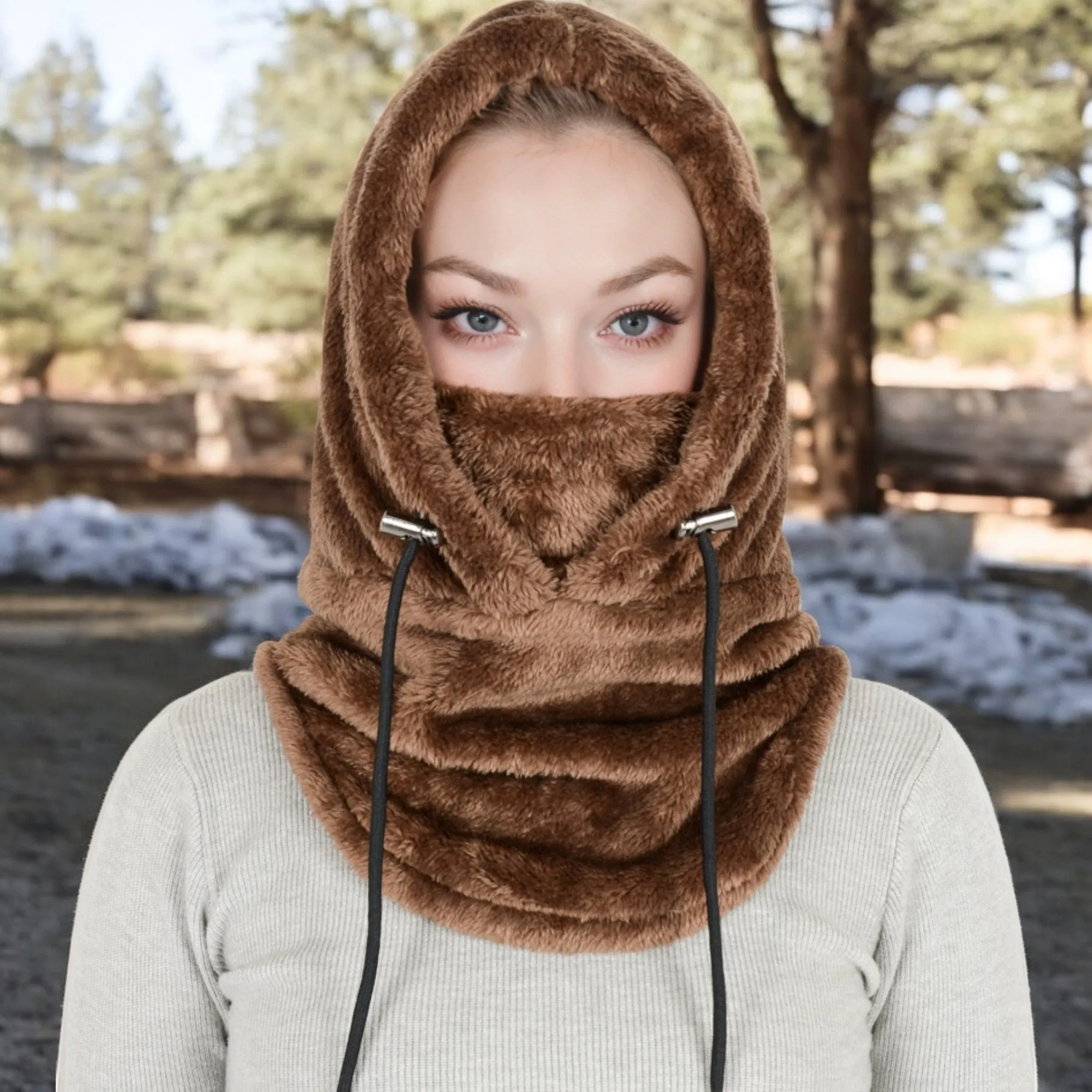 Anna-Kaci Women's Faux Shearling Hooded Scarf with Adjustable Drawstrings and Extended Neck Coverage