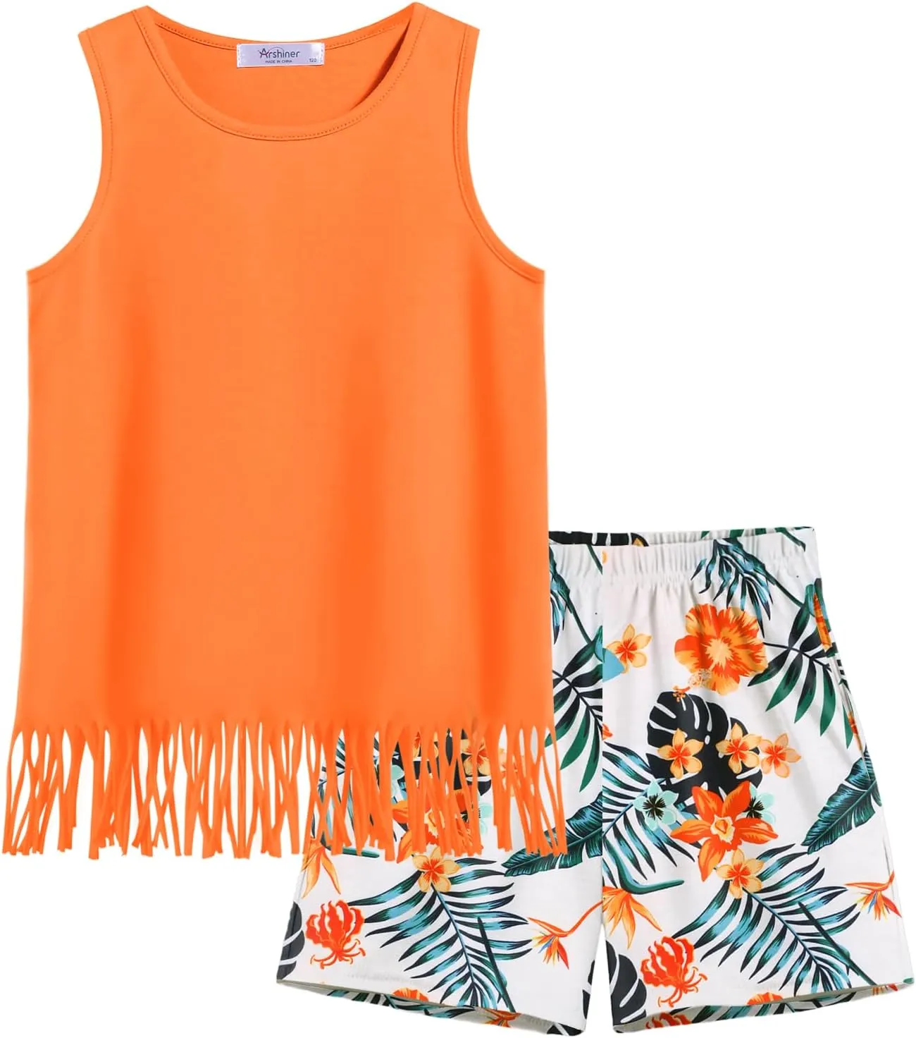 Arshiner Girls Summer Outfits Sleeveless Fringe Tank Top and Elastic Waist Pocketed Shorts Set Girl Clothes 6-14 Years