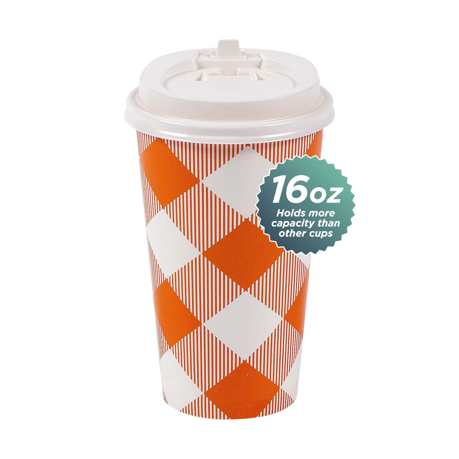 Disposable Coffee or Hot Chocolate Cups - Orange Buffalo Plaid To-Go Cups With Lids & Blank Kraft Sleeves (Serves 12)