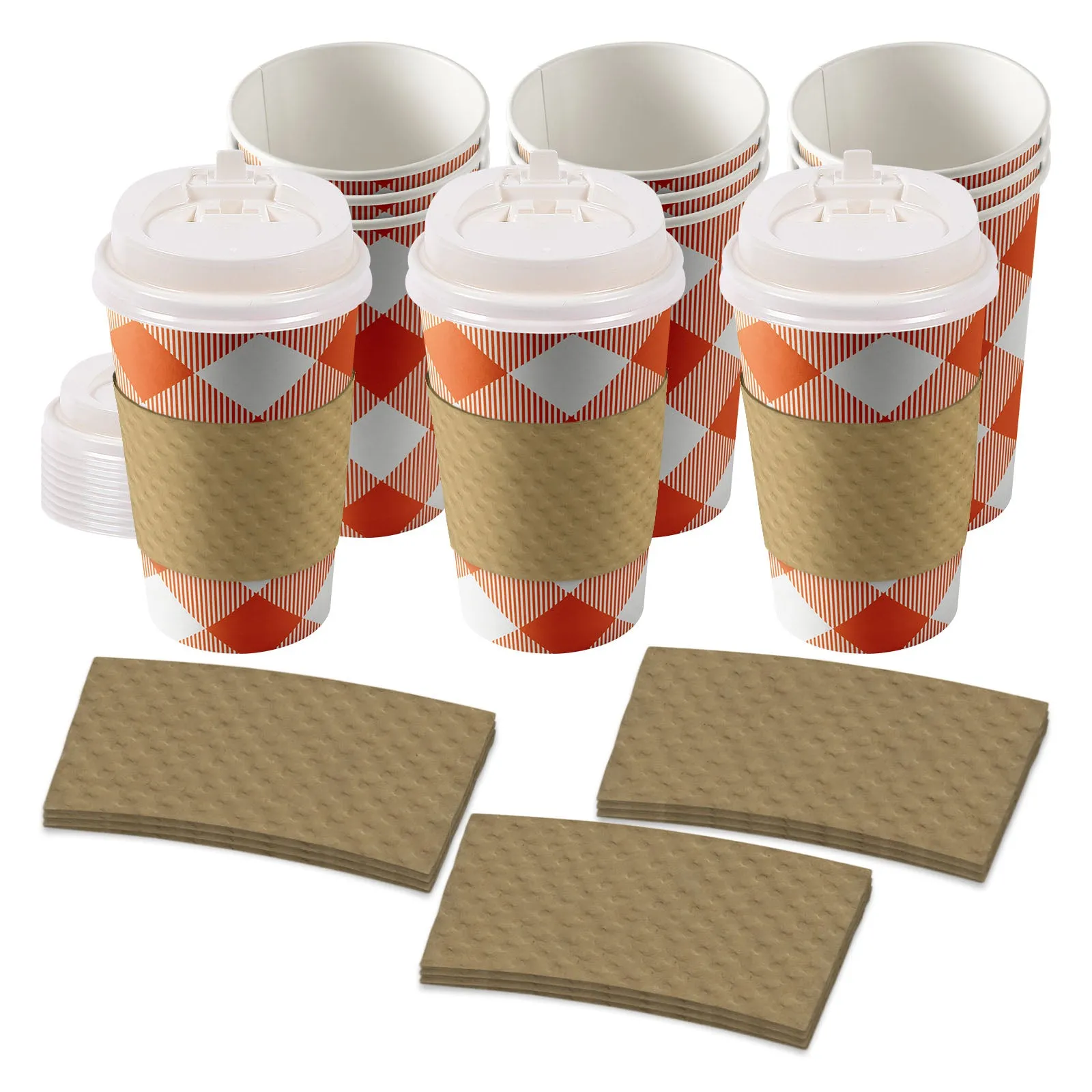 Disposable Coffee or Hot Chocolate Cups - Orange Buffalo Plaid To-Go Cups With Lids & Blank Kraft Sleeves (Serves 12)