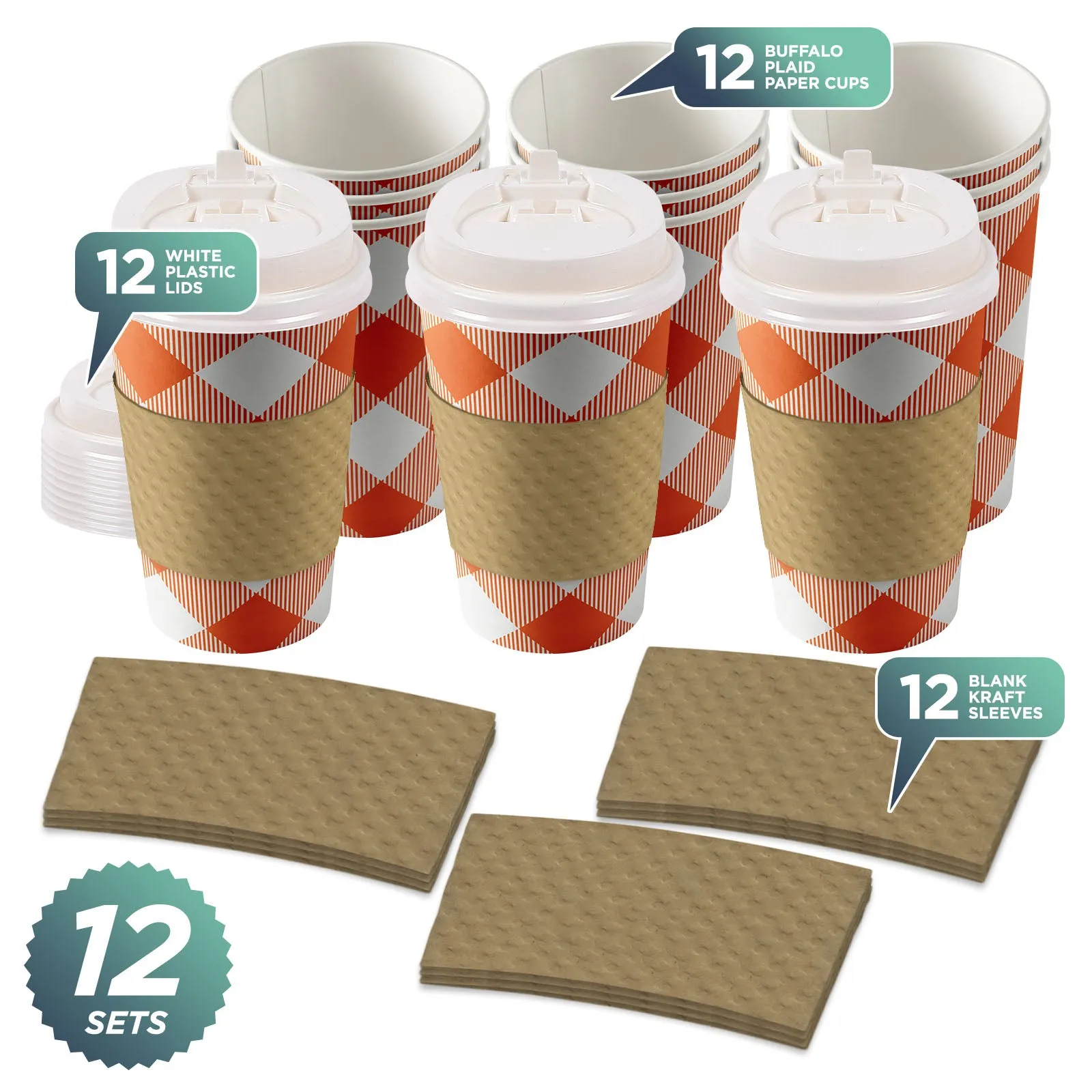 Disposable Coffee or Hot Chocolate Cups - Orange Buffalo Plaid To-Go Cups With Lids & Blank Kraft Sleeves (Serves 12)