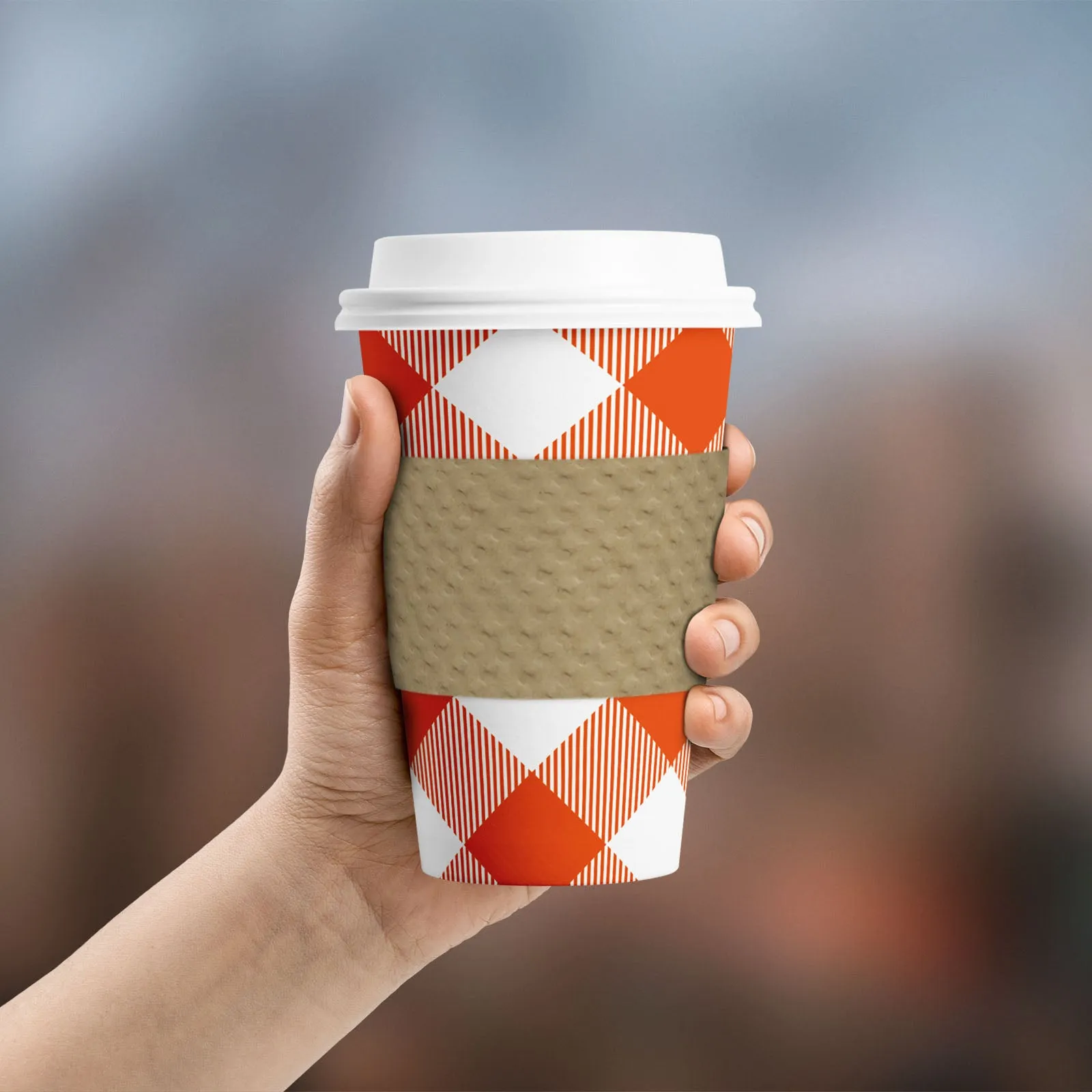 Disposable Coffee or Hot Chocolate Cups - Orange Buffalo Plaid To-Go Cups With Lids & Blank Kraft Sleeves (Serves 12)