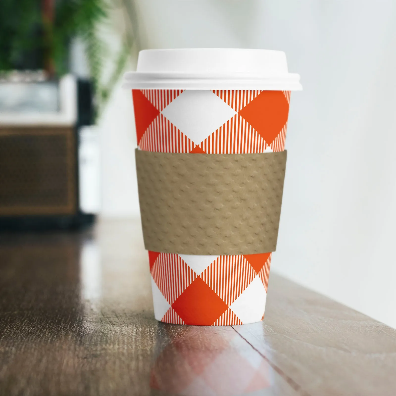 Disposable Coffee or Hot Chocolate Cups - Orange Buffalo Plaid To-Go Cups With Lids & Blank Kraft Sleeves (Serves 12)
