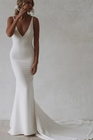 Elegant Mermaid V Neck Soft Satin Long Wedding Dresses VK23052102
