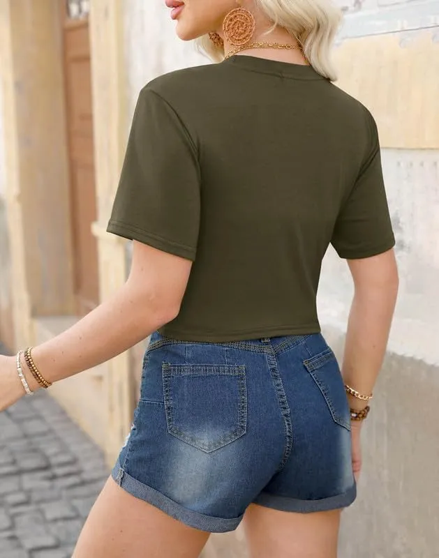 For G and PL Summer Women's Crop Tops Casual Crewneck Short Sleeve Twist Front Tee T-Shirt