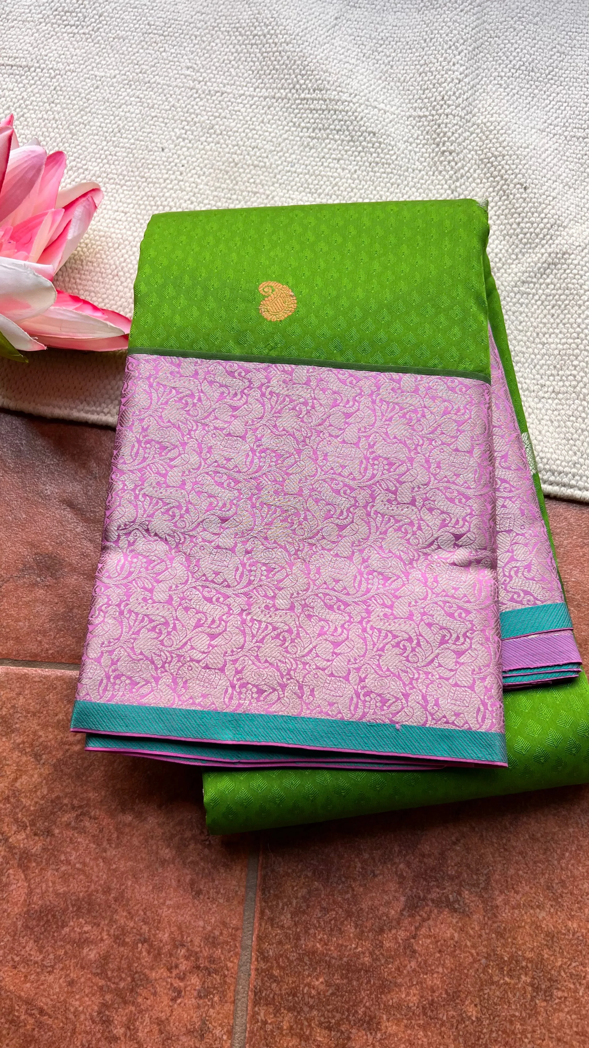 Green and pink kanchipuram silk saree with blouse