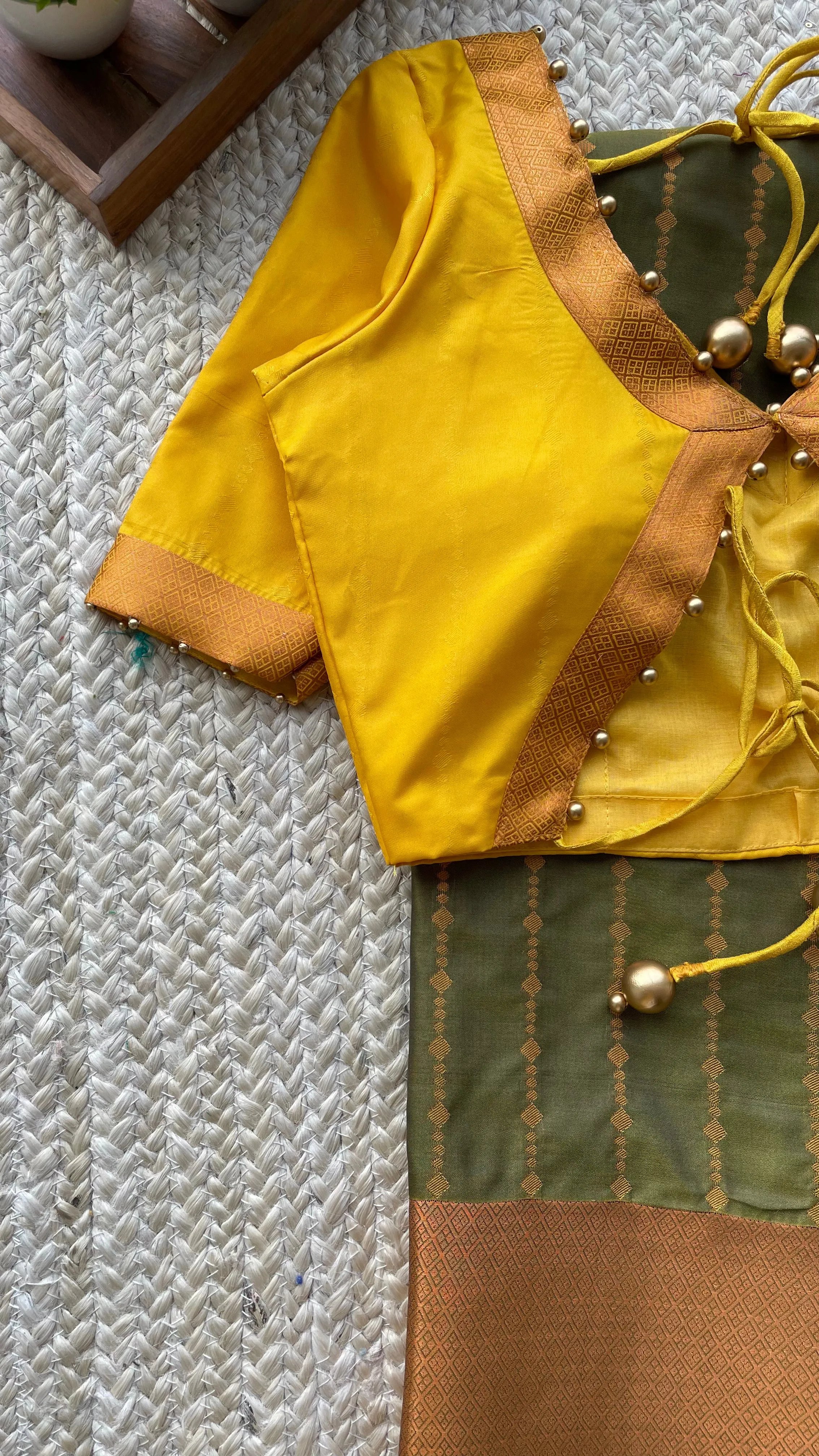 Green and yellow casual silk saree with hand worked blouse
