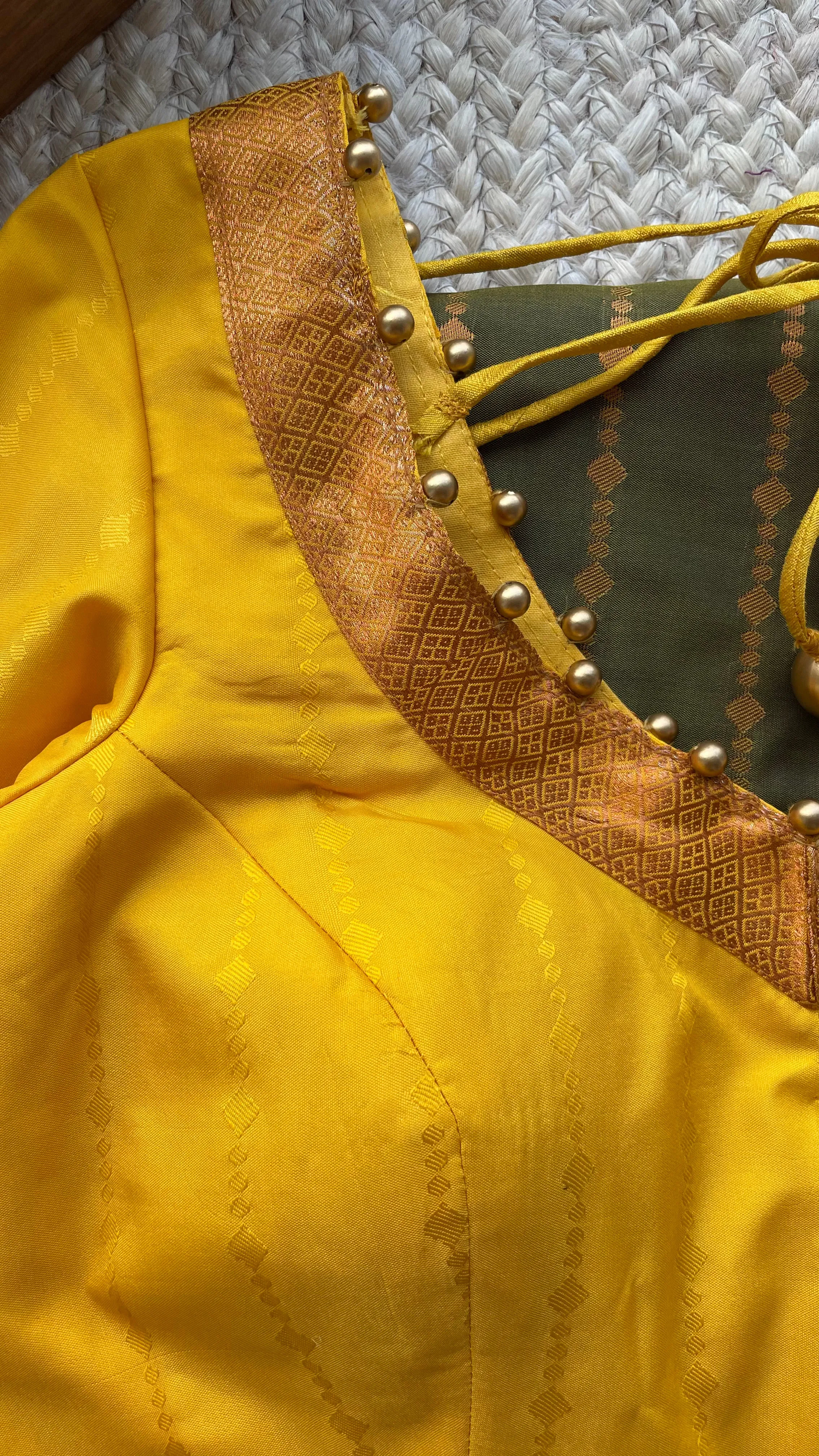 Green and yellow casual silk saree with hand worked blouse
