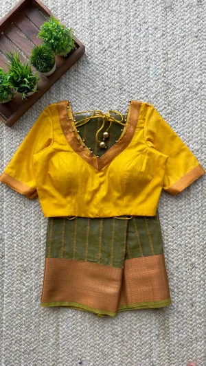 Green and yellow casual silk saree with hand worked blouse