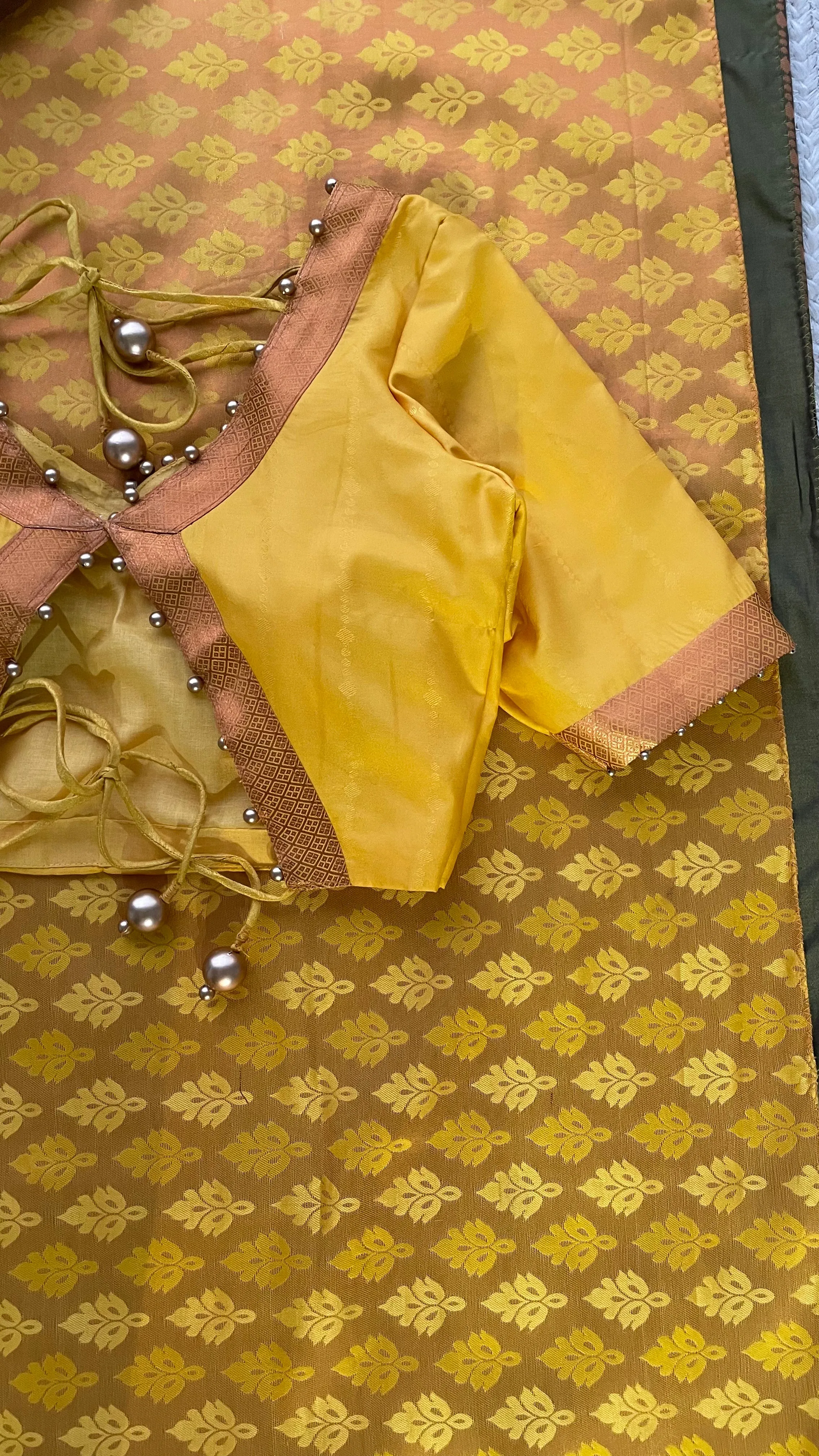Green and yellow casual silk saree with hand worked blouse