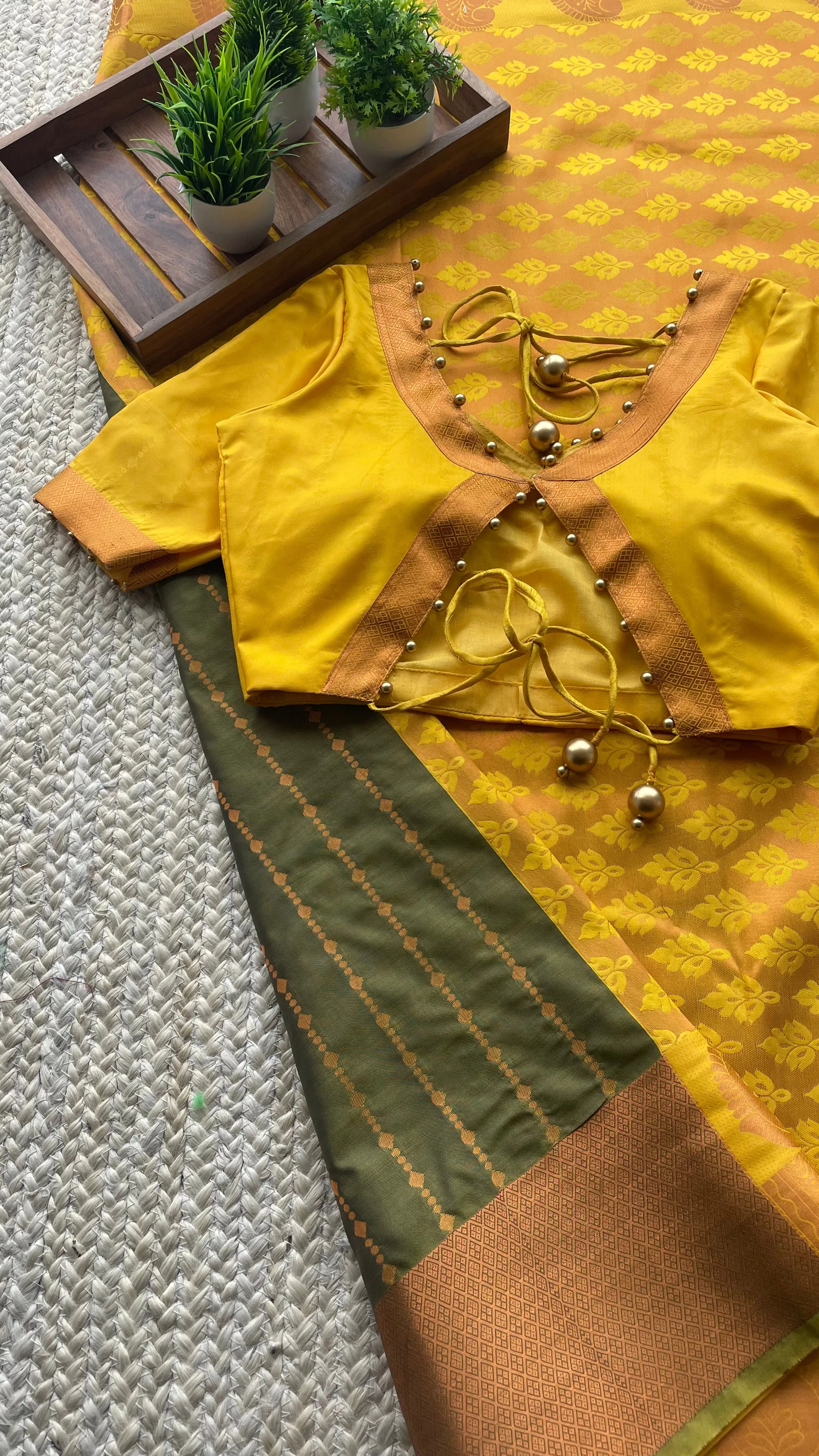 Green and yellow casual silk saree with hand worked blouse