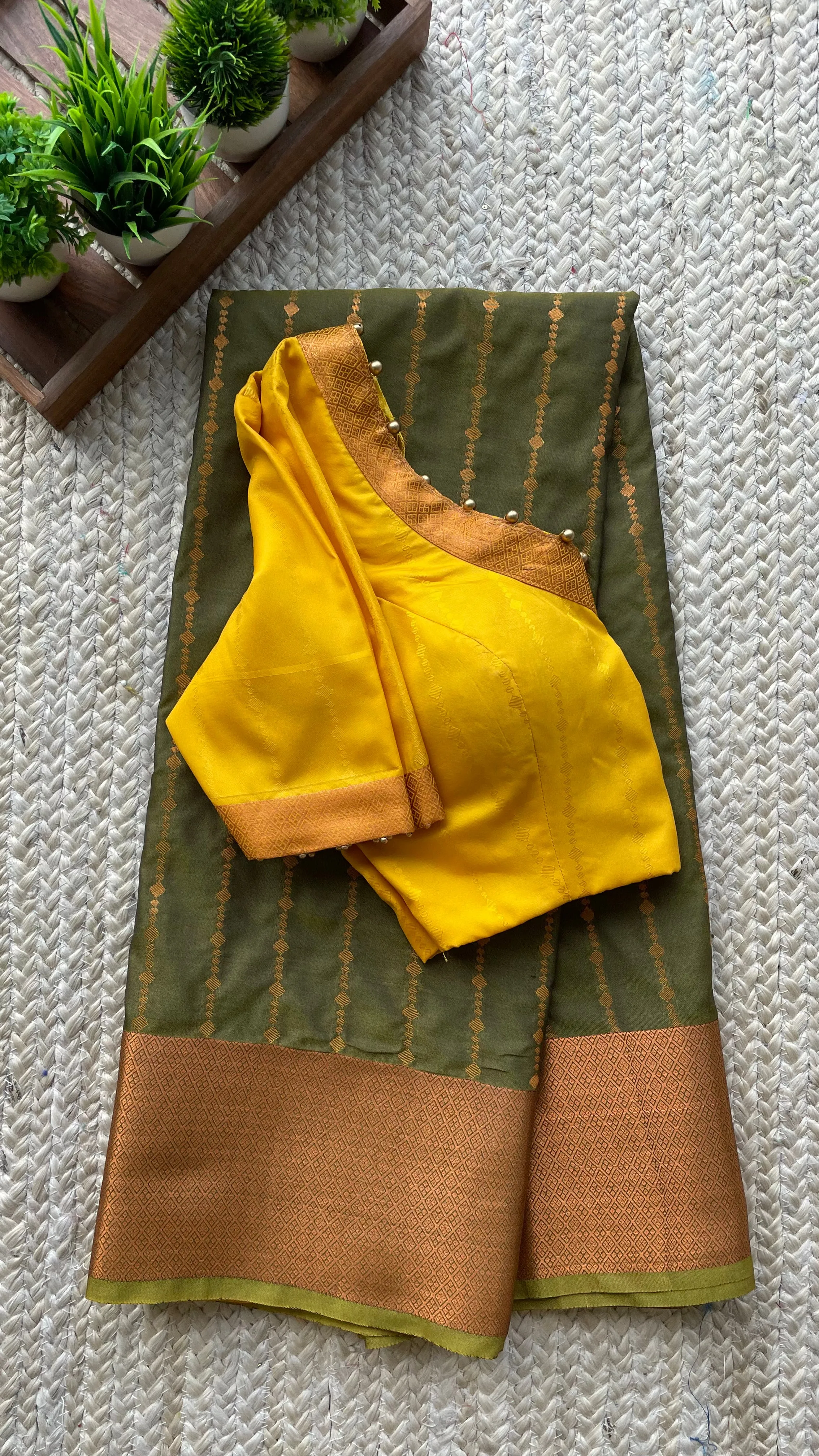 Green and yellow casual silk saree with hand worked blouse
