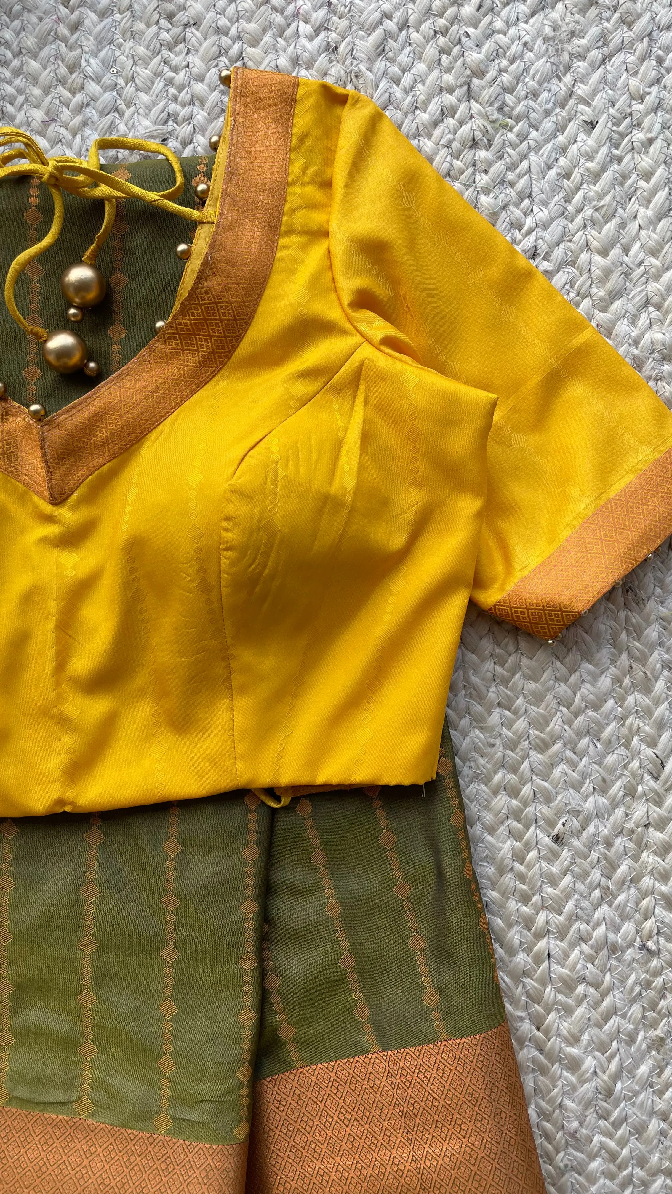 Green and yellow casual silk saree with hand worked blouse