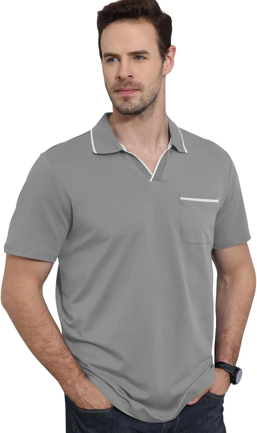 Men's Polo Shirt Short Sleeve V Neck Casual Classic Lightweight Tees Golf Cotton Stylish T-Shirt with Pocket