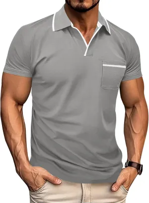 Men's Polo Shirt Short Sleeve V Neck Casual Classic Lightweight Tees Golf Cotton Stylish T-Shirt with Pocket
