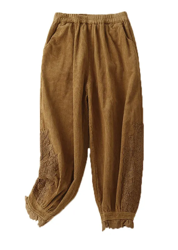 Modern Khaki Pockets Lace Patchwork Elastic Waist Corduroy Pants Summer LY4521