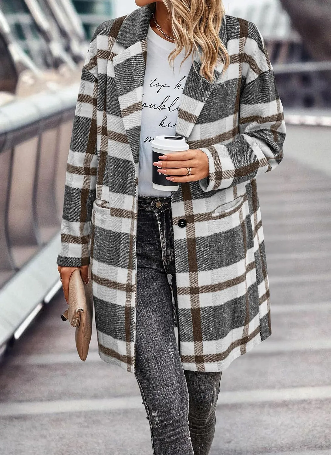 PRETTYGARDEN Women's Plaid Shacket Jacket Trendy Casual Button Wool Blend Winter Tartan Trench Coat with Pockets