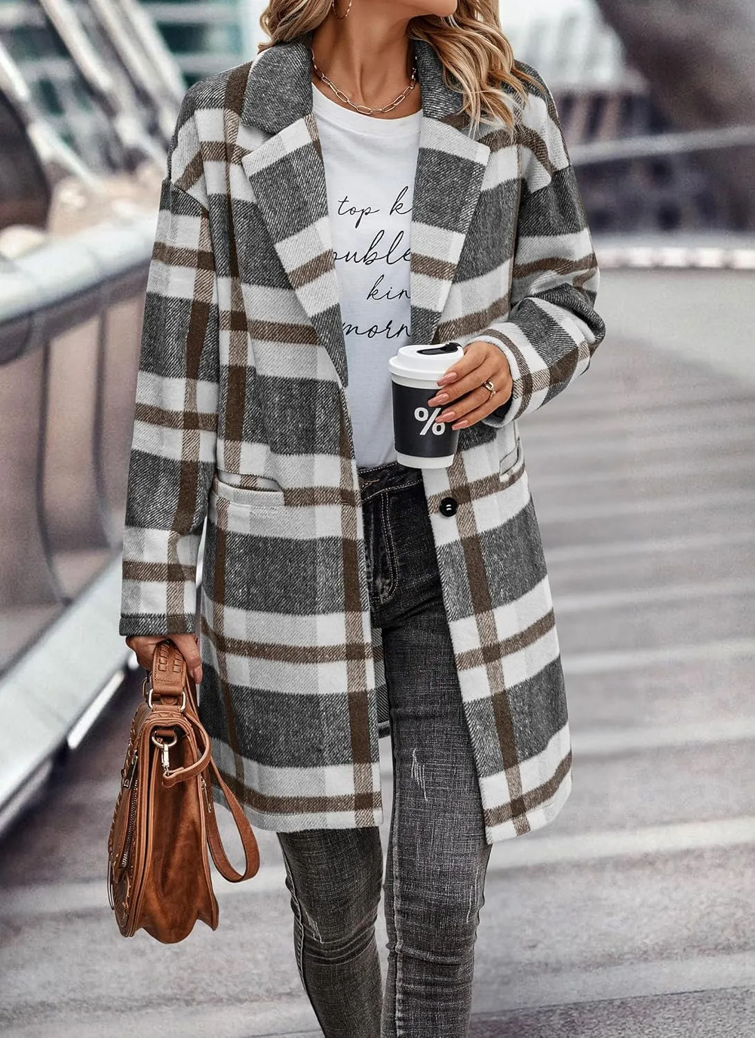 PRETTYGARDEN Women's Plaid Shacket Jacket Trendy Casual Button Wool Blend Winter Tartan Trench Coat with Pockets