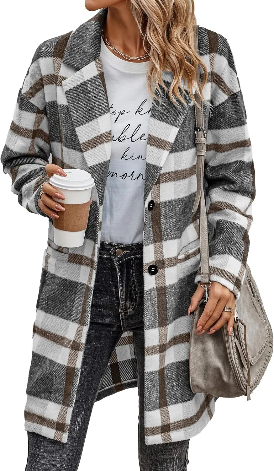 PRETTYGARDEN Women's Plaid Shacket Jacket Trendy Casual Button Wool Blend Winter Tartan Trench Coat with Pockets