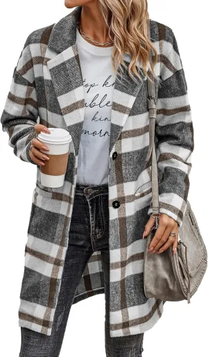 PRETTYGARDEN Women's Plaid Shacket Jacket Trendy Casual Button Wool Blend Winter Tartan Trench Coat with Pockets