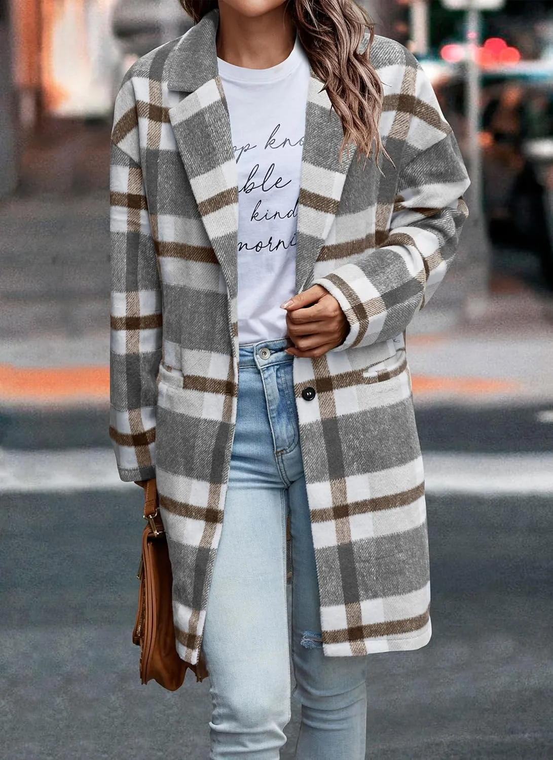 PRETTYGARDEN Women's Plaid Shacket Jacket Trendy Casual Button Wool Blend Winter Tartan Trench Coat with Pockets