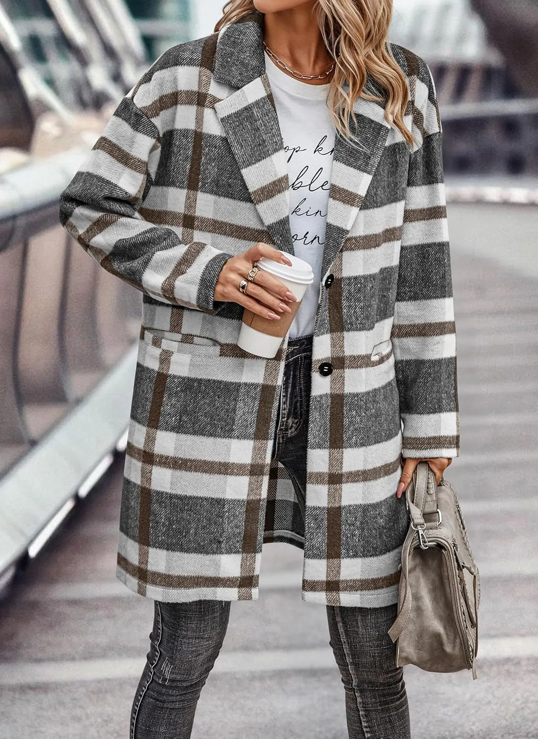 PRETTYGARDEN Women's Plaid Shacket Jacket Trendy Casual Button Wool Blend Winter Tartan Trench Coat with Pockets