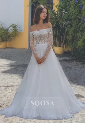 Tube Top Long Sleeves Illusion Cutout A-Line Bridal Dress Beaded and Applique Tulle Wedding Dress
