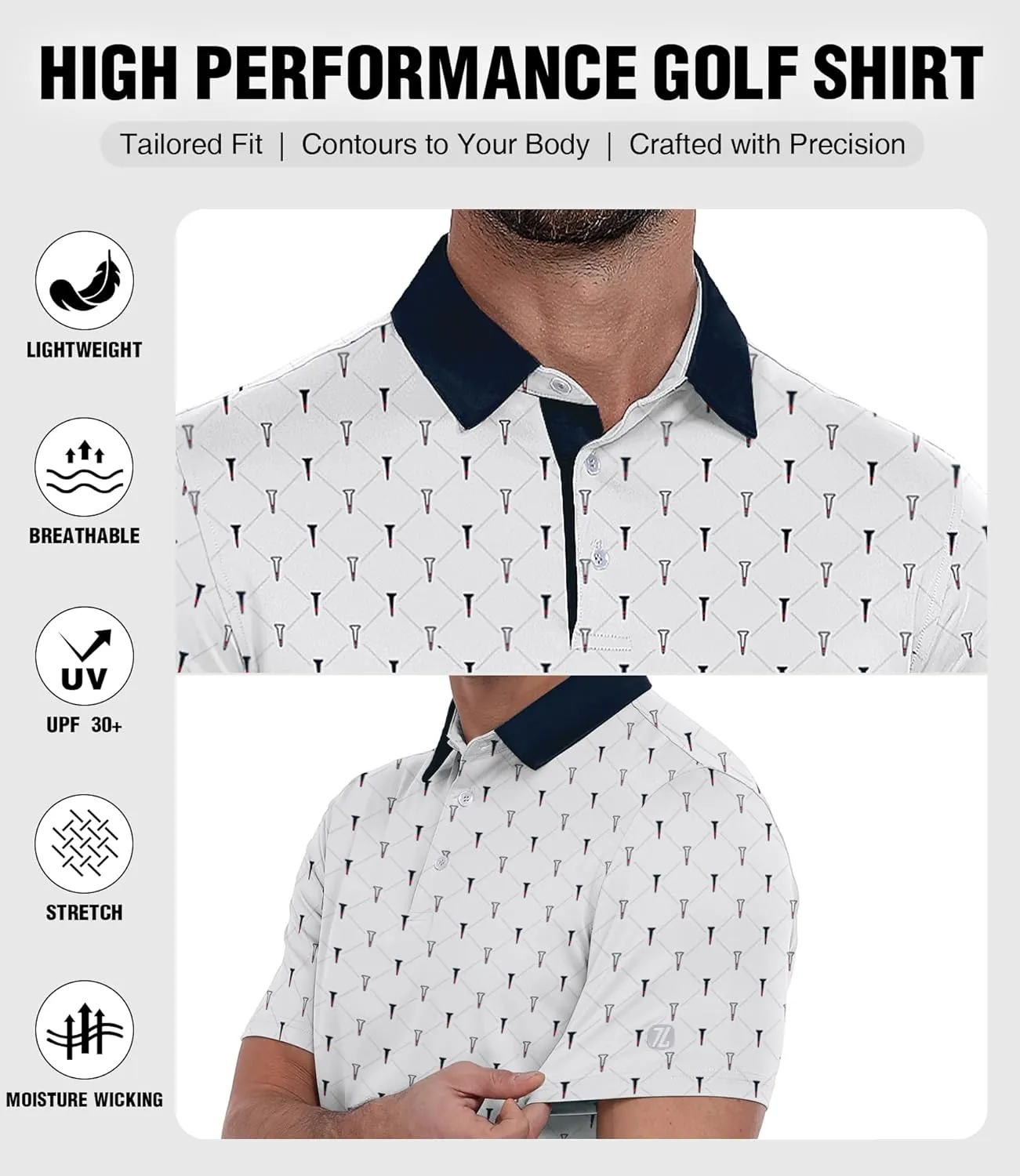 ZITY Men's Golf Polo Shirt Short Sleeve Performance Moisture Wicking Collared Print Shirt for Golf and Casual Wear